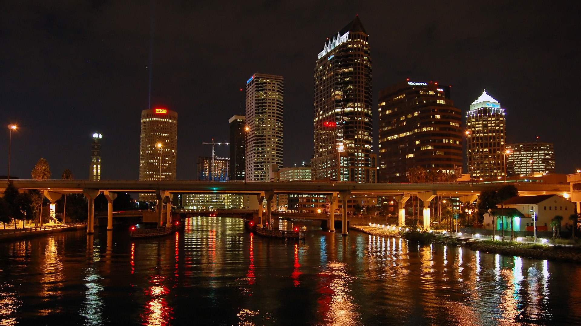 General 1920x1080 cityscape building reflection Tampa Florida night USA city lights water
