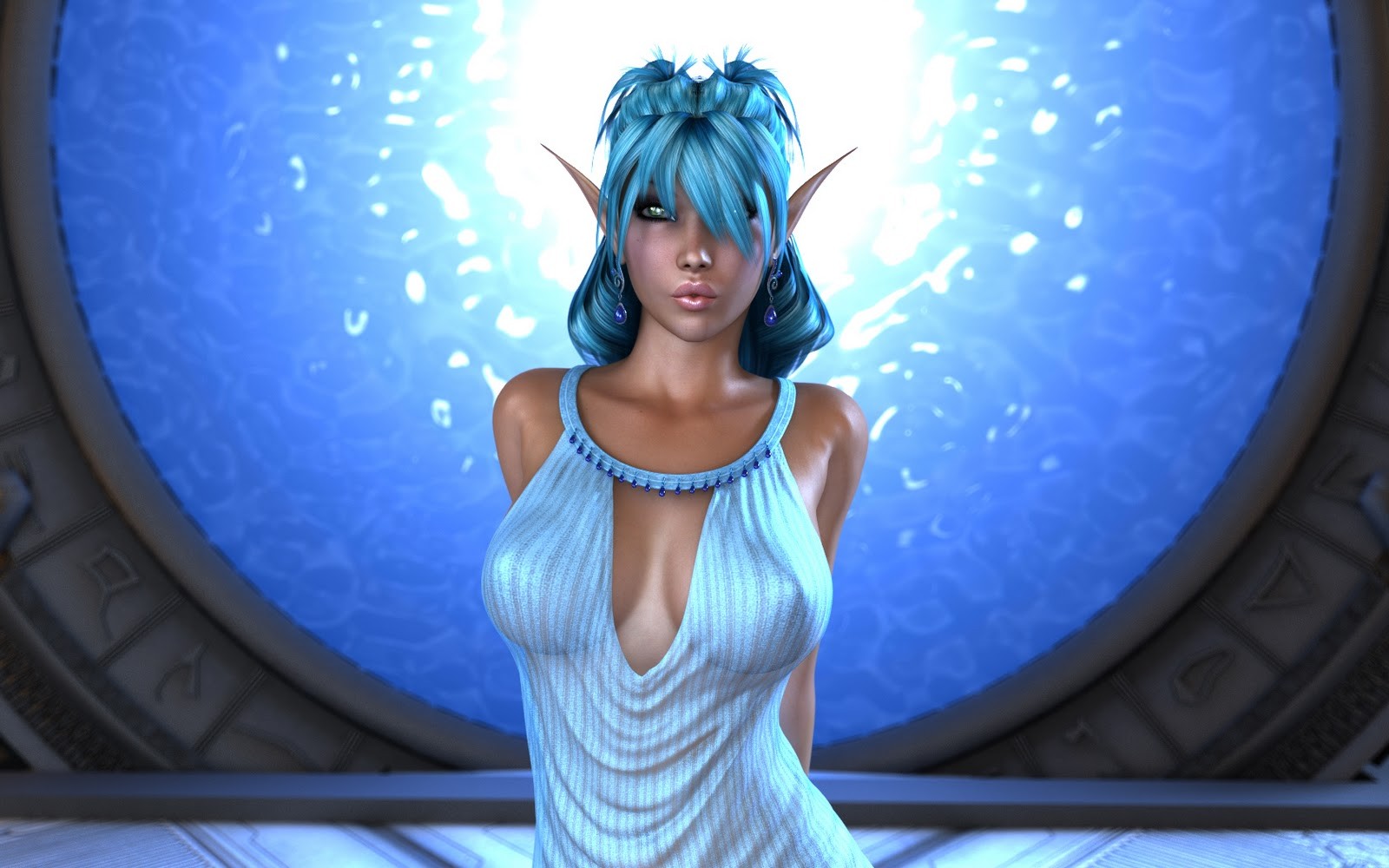 General 1600x1000 Stargate artwork erotic art  science fiction CGI pointy ears blue hair boobs big boobs standing