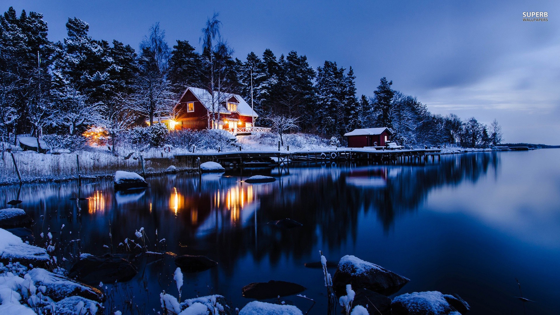 General 1920x1080 landscape lake cabin winter nature Norway house