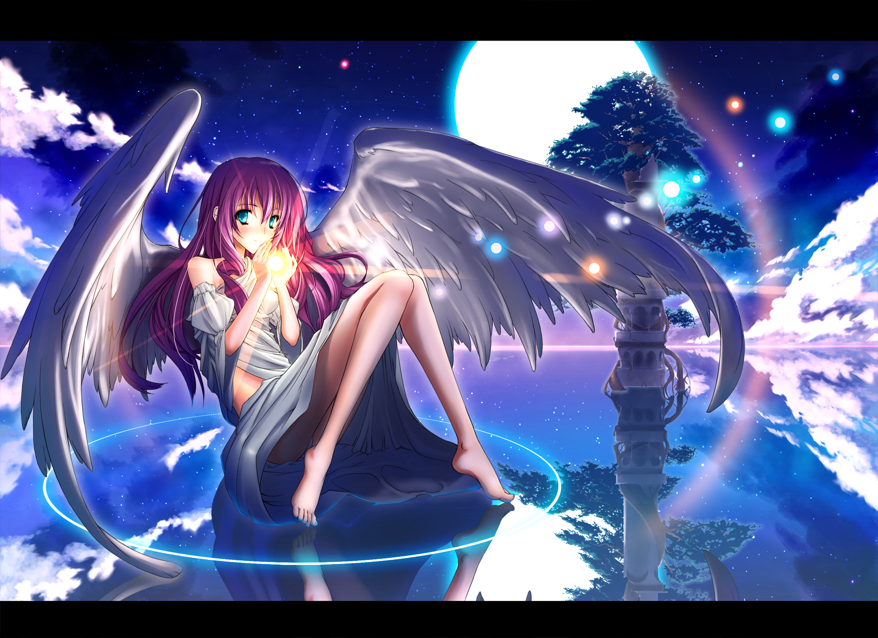 Anime 1755x1275 anime angel wings long hair anime girls moonlight original characters pink hair Moon fantasy art fantasy girl knees together barefoot magic looking at viewer
