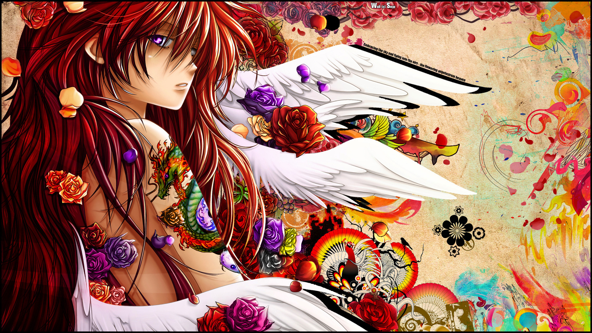 Anime 1920x1080 anime angel Snyp original characters redhead purple eyes digital art rose flowers tattoo wings anime girls colorful long hair