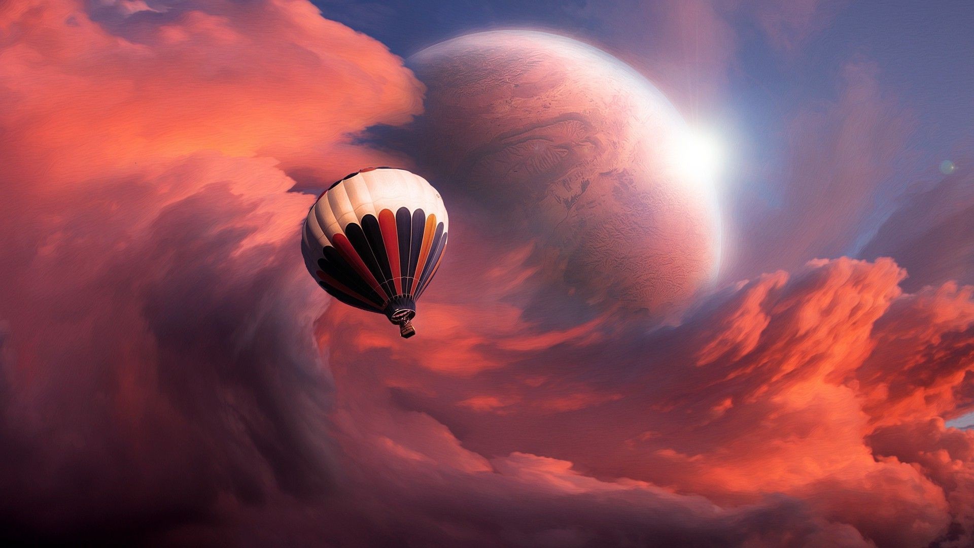General 1920x1080 artwork fantasy art hot air balloons clouds flying colorful abstract planet glowing vehicle space art
