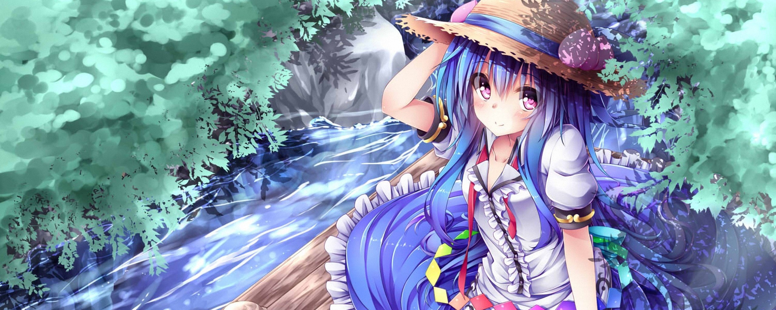 Anime 2560x1024 Hinanawi Tenshi Touhou anime girls anime hat women with hats looking at viewer dress blue hair women outdoors nature