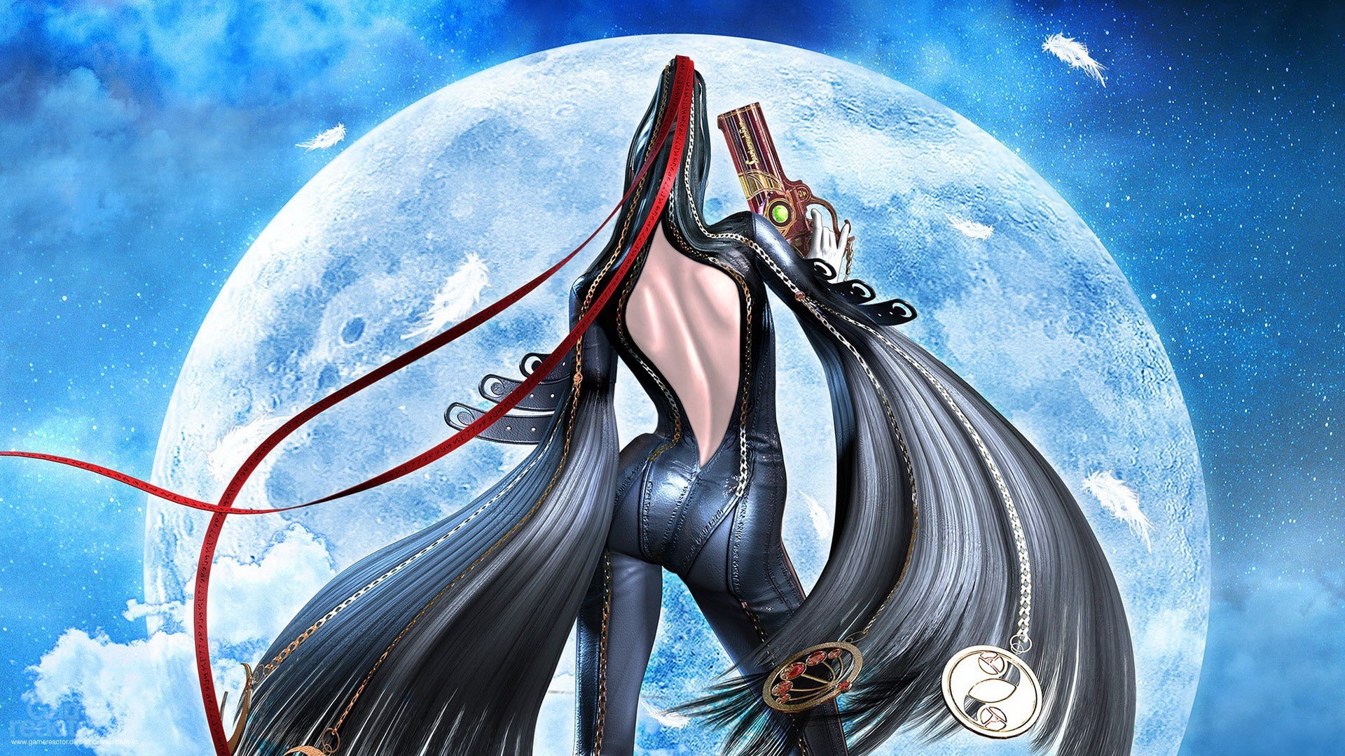 General 1920x1080 Bayonetta video games Moon video game art gun weapon video game girls dark hair long hair back standing ass