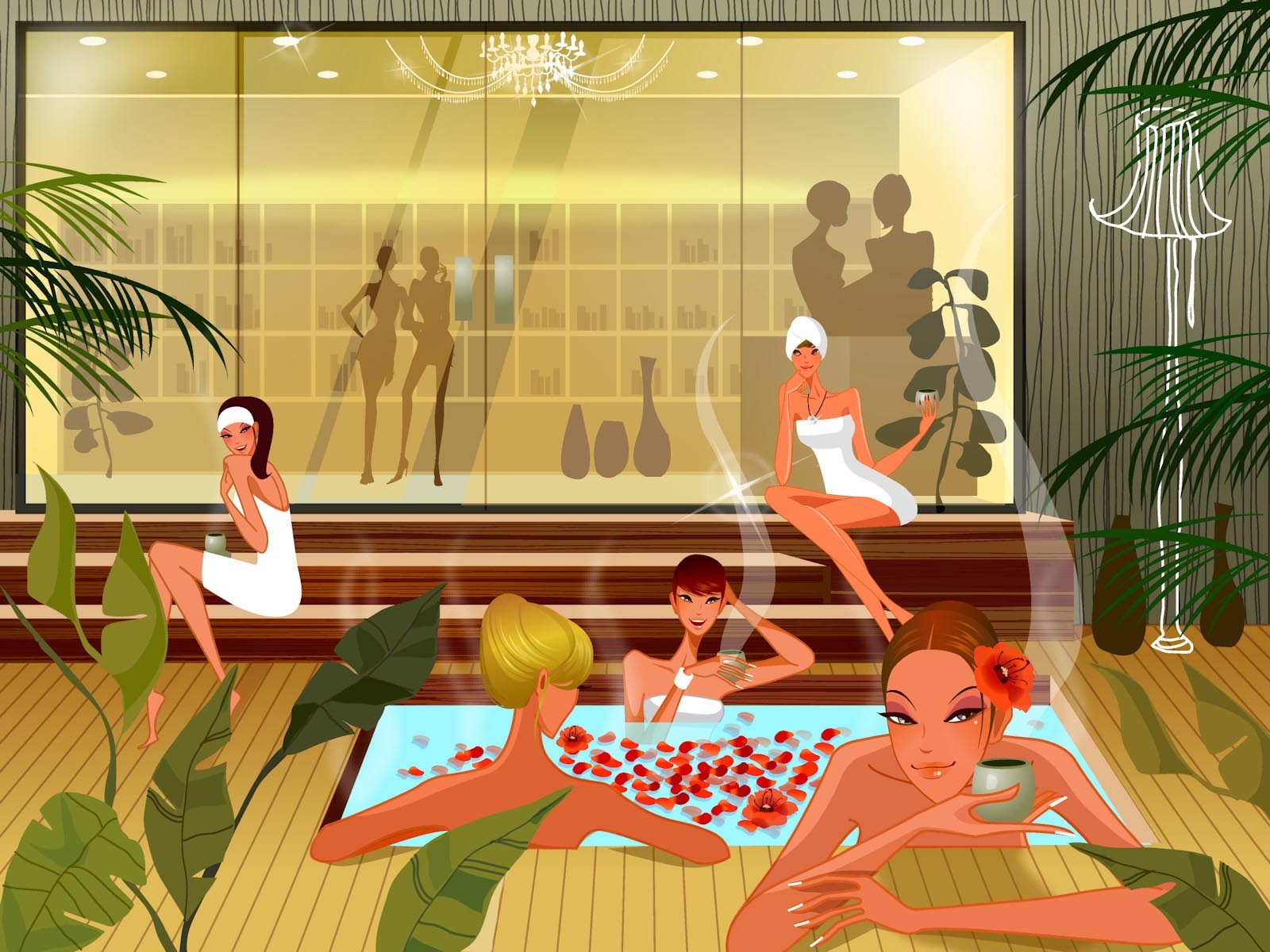 General 1600x1200 nude sauna cartoon artwork women group of women leaves plants women indoors flower in hair sitting