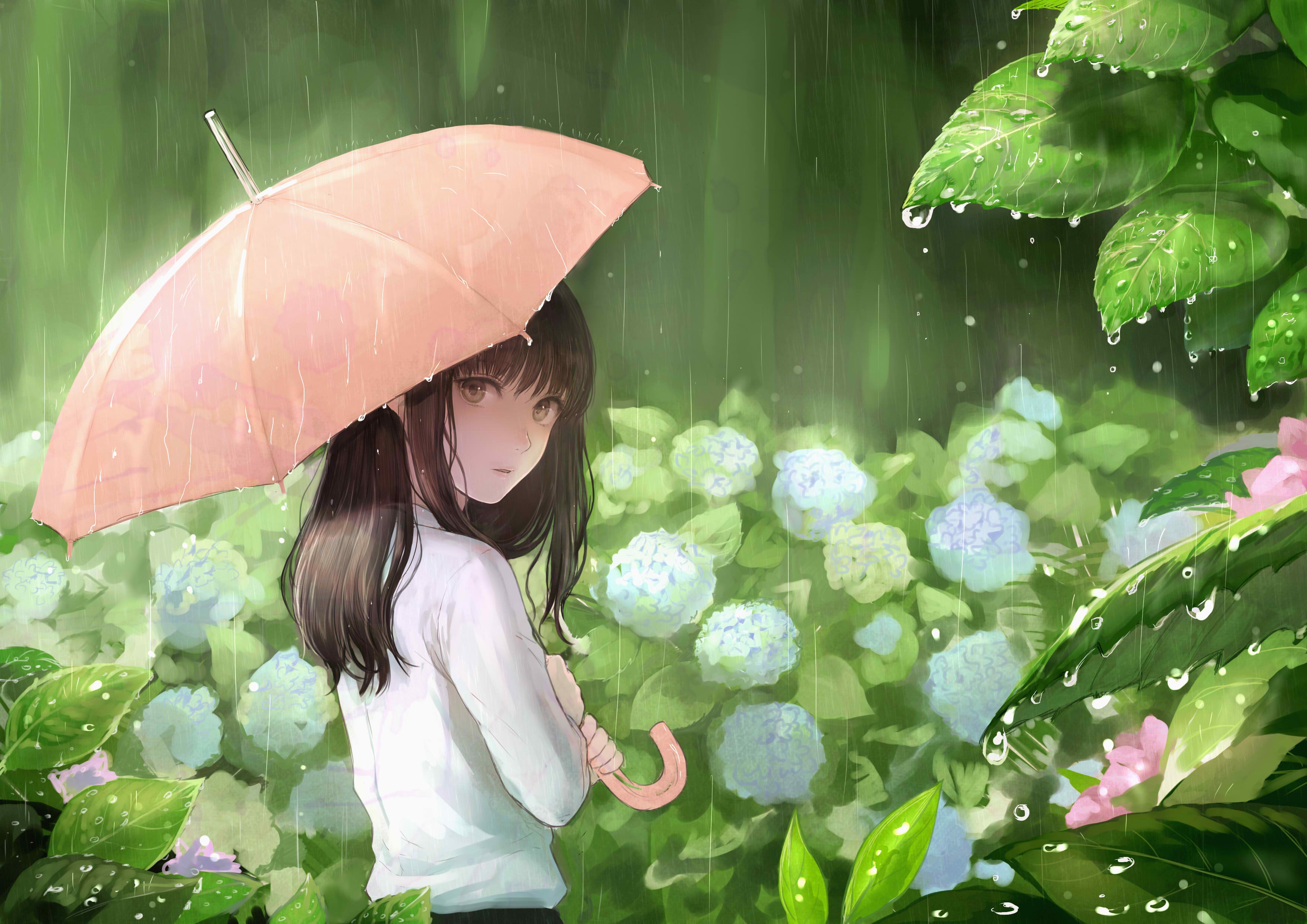 Anime 3507x2480 anime anime girls original characters umbrella rain flowers long hair water water drops looking at viewer plants women outdoors brunette artwork Romiy