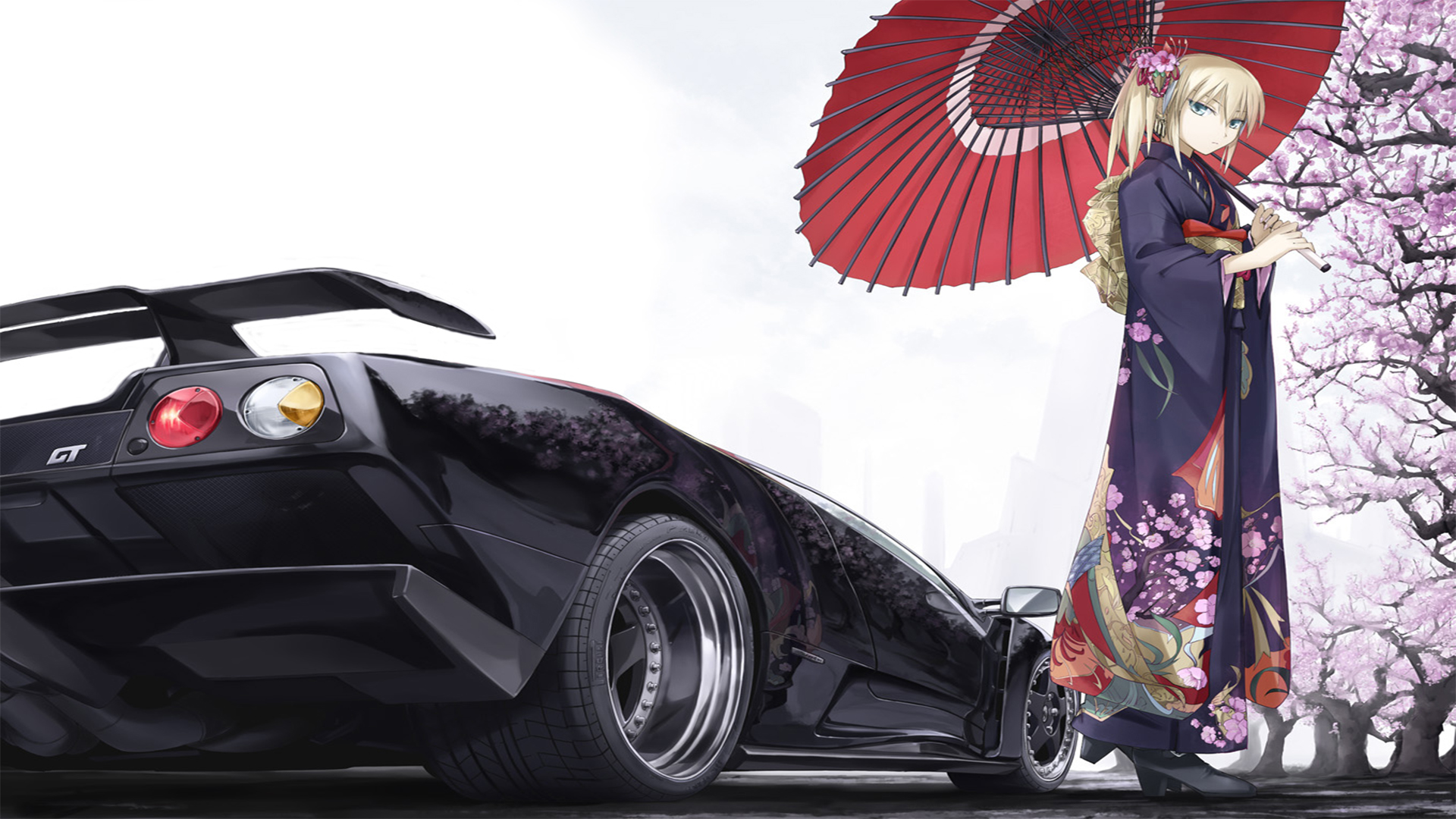 Anime 1920x1080 yukata Lamborghini Diablo anime anime girls car vehicle Lamborghini black cars women with cars umbrella Asia standing women outdoors outdoors blonde green eyes looking at viewer