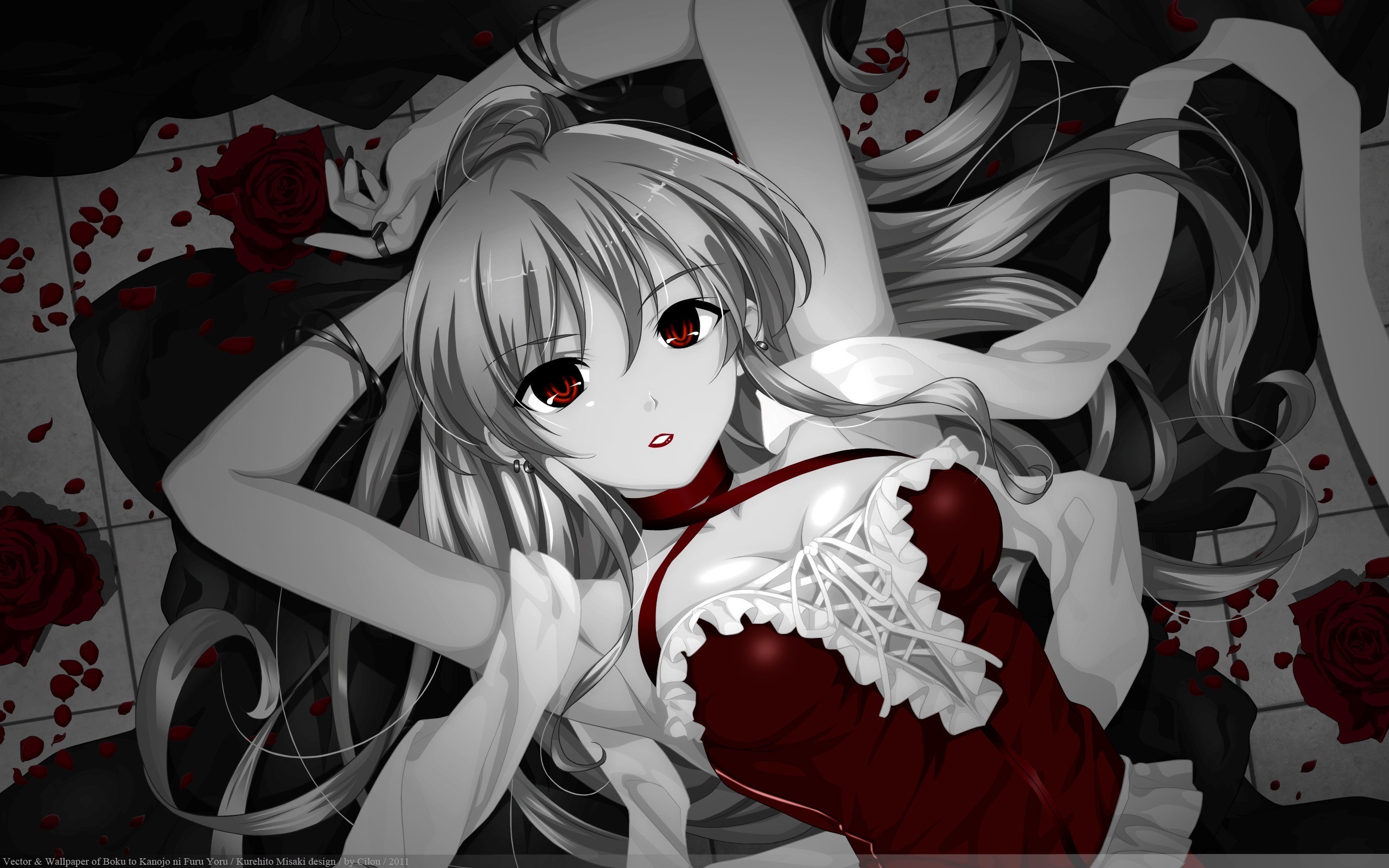 Anime 2560x1600 anime girls Elizabeth Sophie Gino Klein petals rose red lipstick corset cleavage selective coloring red eyes anime Misaki Kurehito looking at viewer flowers plants long hair 2011 (Year)