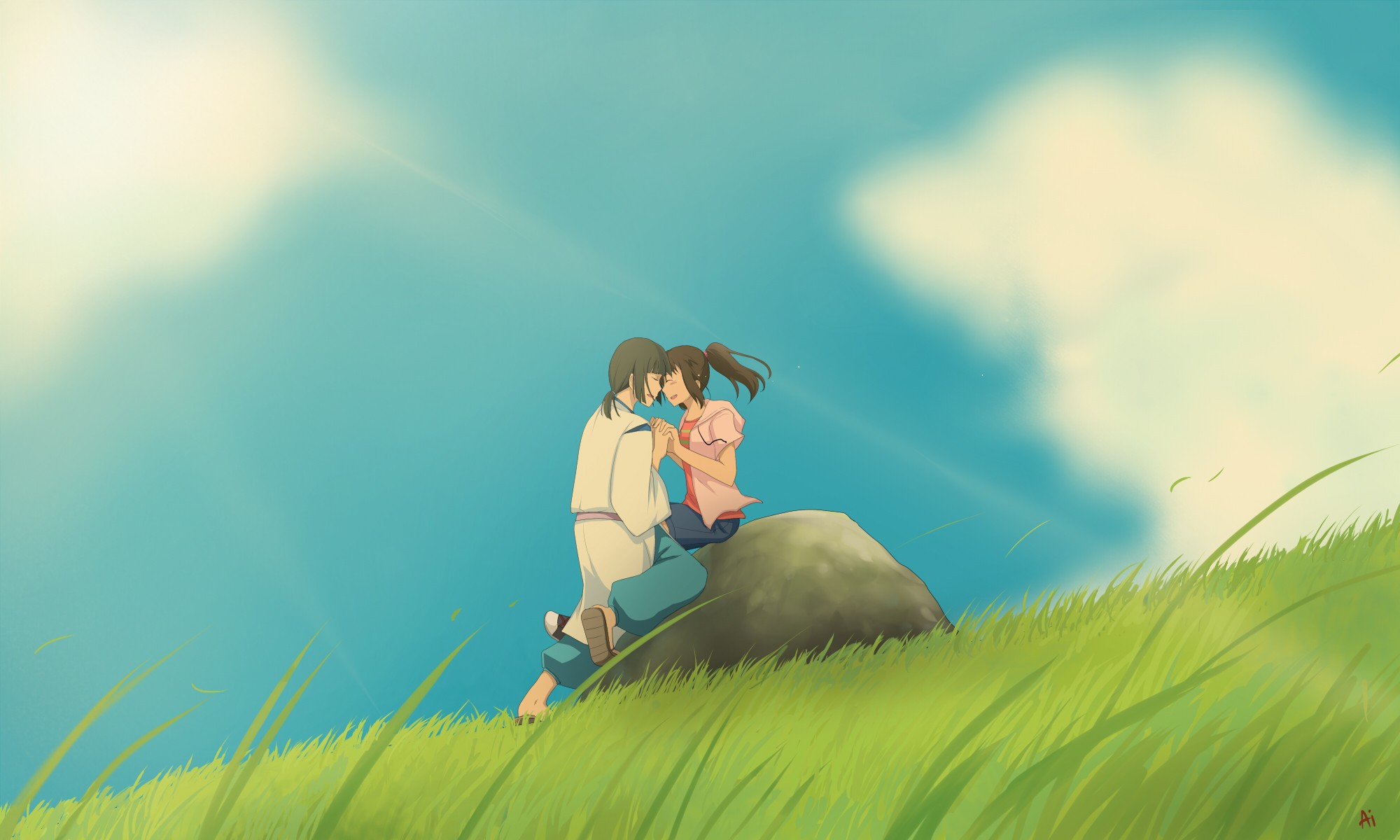 Anime 2000x1200 anime girls sky anime boys outdoors clouds grass stones sitting love couple holding hands