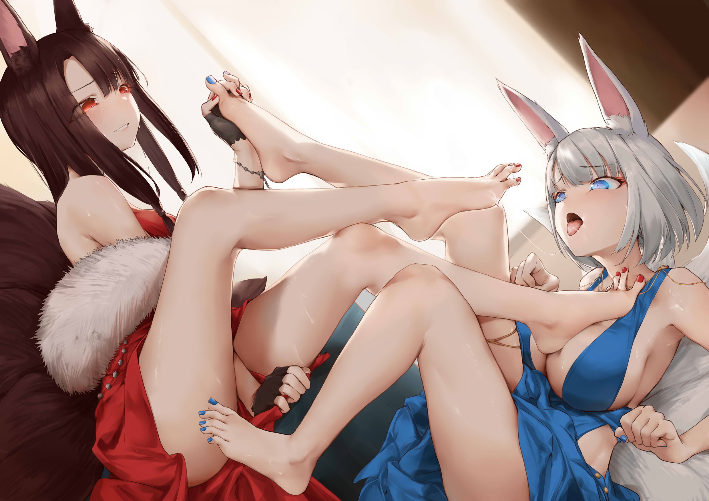 Anime 2480x1754 anime anime girls saliva saliva trail tongue out licking feet lesbians mouth fox girl