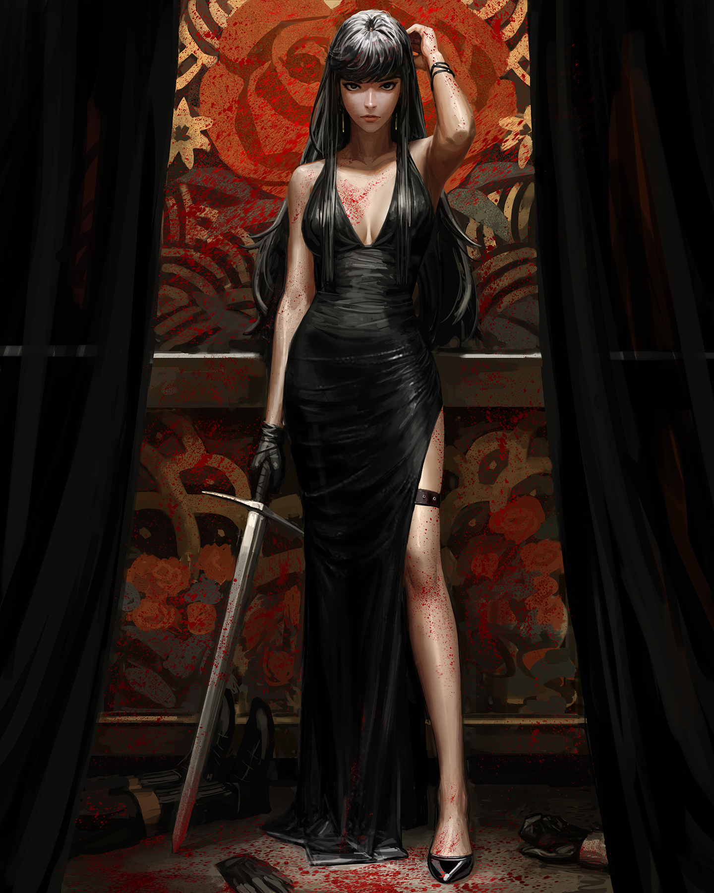 General 1440x1800 digital art female warrior black dress Bad guys GUWEIZ blood sword