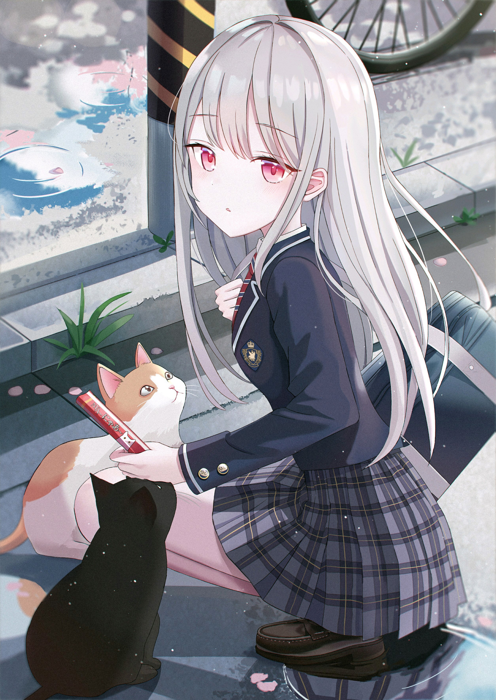 Anime 1680x2372 anime girls artwork Iren Lovel cats silver hair red eyes school uniform squatting