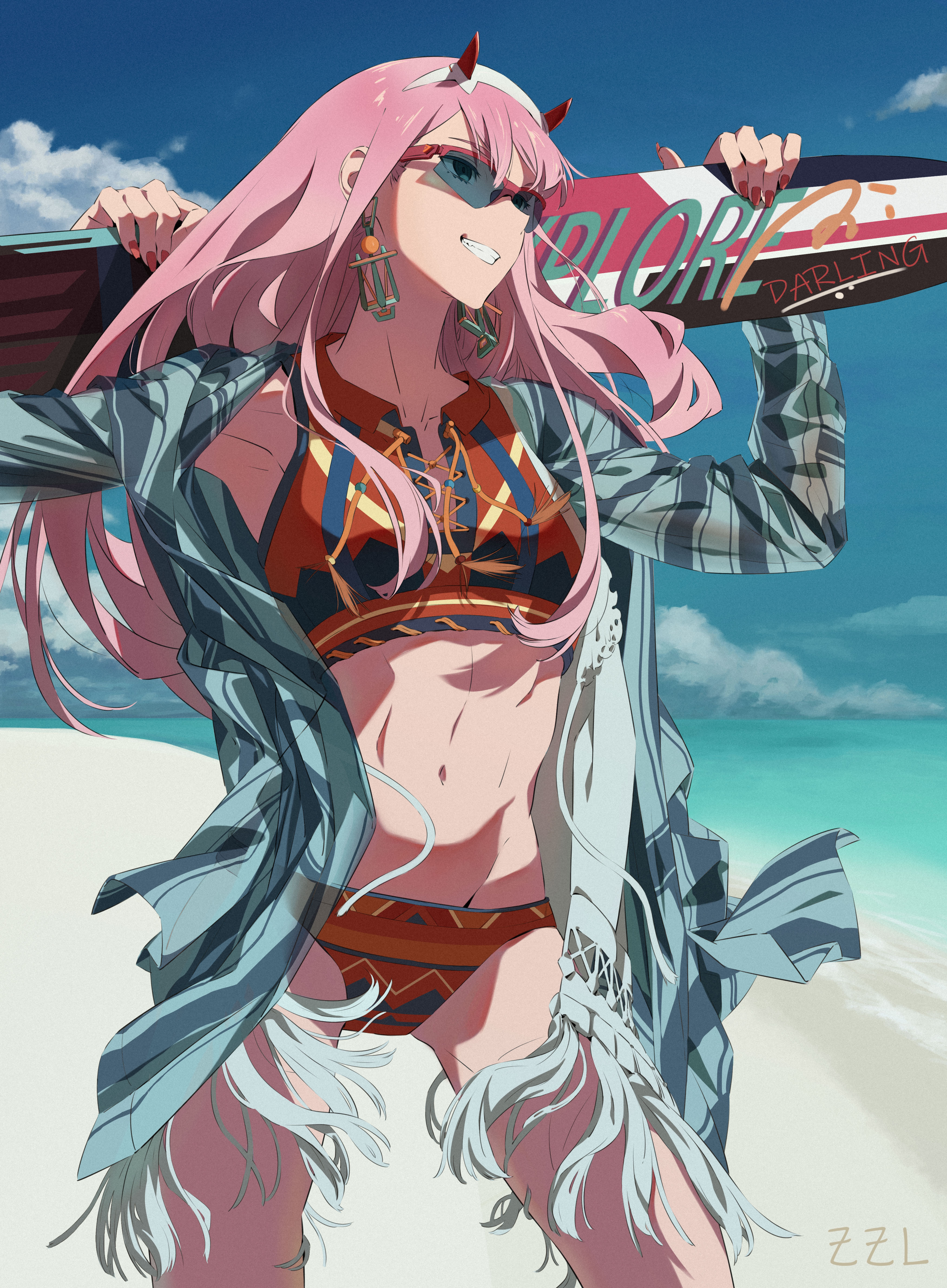 Anime 3500x4761 Darling in the FranXX long hair anime girls sunglasses standing ZZL (Artist) looking away Zero Two (Darling in the FranXX) outdoors women outdoors portrait display pink hair bikini signature sky water women on beach beach earring painted nails pink nails armpits sunlight anime smiling