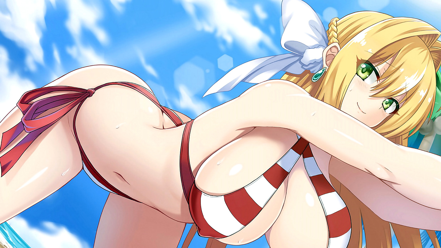 Anime 1423x800 big boobs huge breasts arched back green eyes bikini hard nipples belly belly button bottom up hanging boobs Fate/Grand Order smiling anime girls Fate series Nero Claudius long hair bent over swimwear blushing cleavage sweat clouds sky water looking at viewer earring braids sunlight