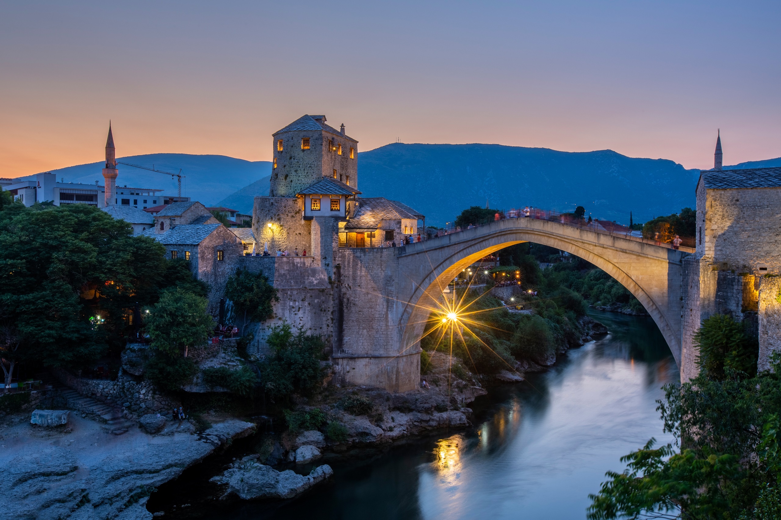 General 2560x1707 Bosnia town outdoors river lights bridge evening Mostar