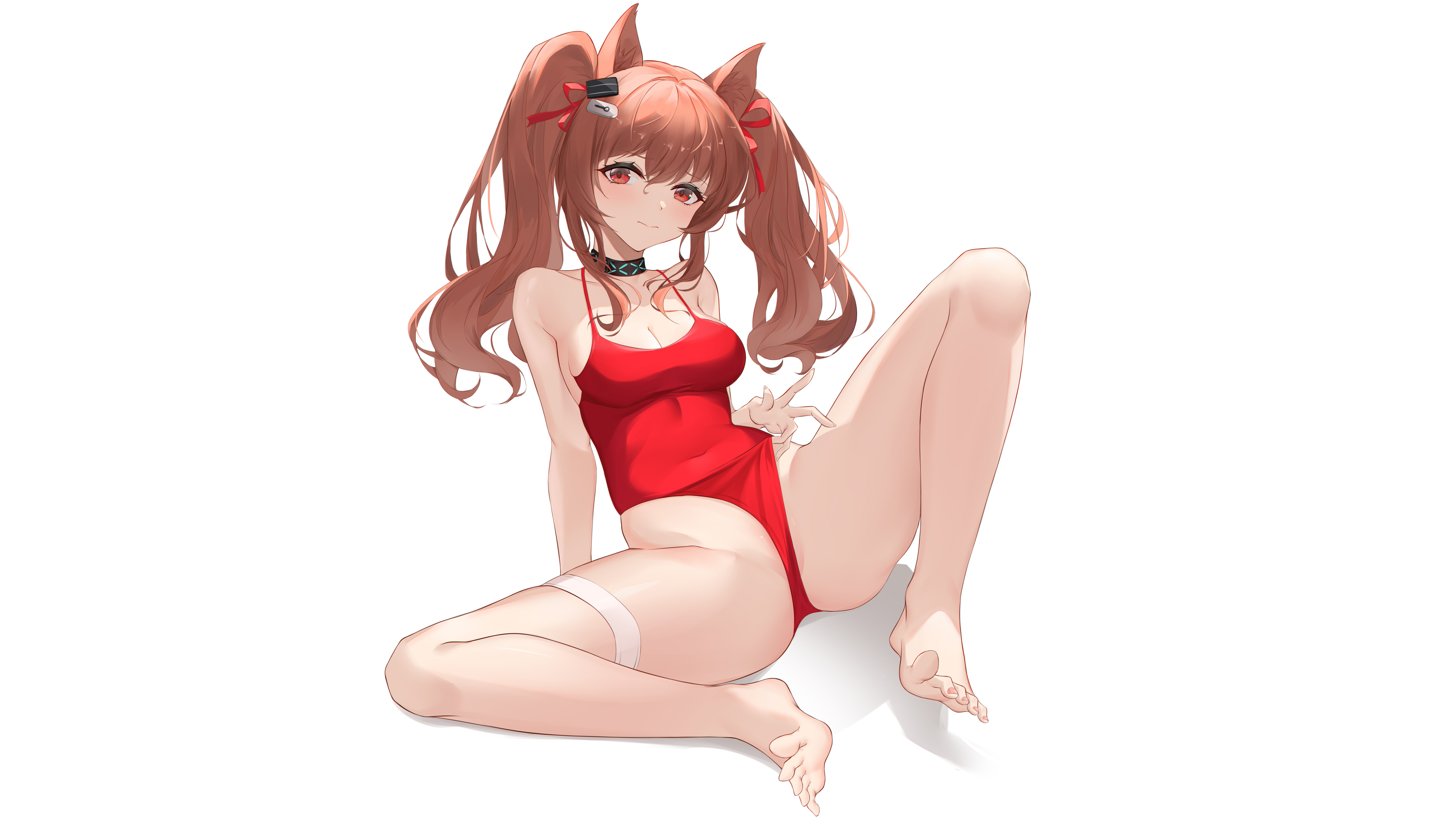 Anime 8178x4600 anime anime girls simple background twintails brunette looking at viewer red eyes swimwear leotard boobs collar cleavage spread legs thighs feet Arknights animal ears