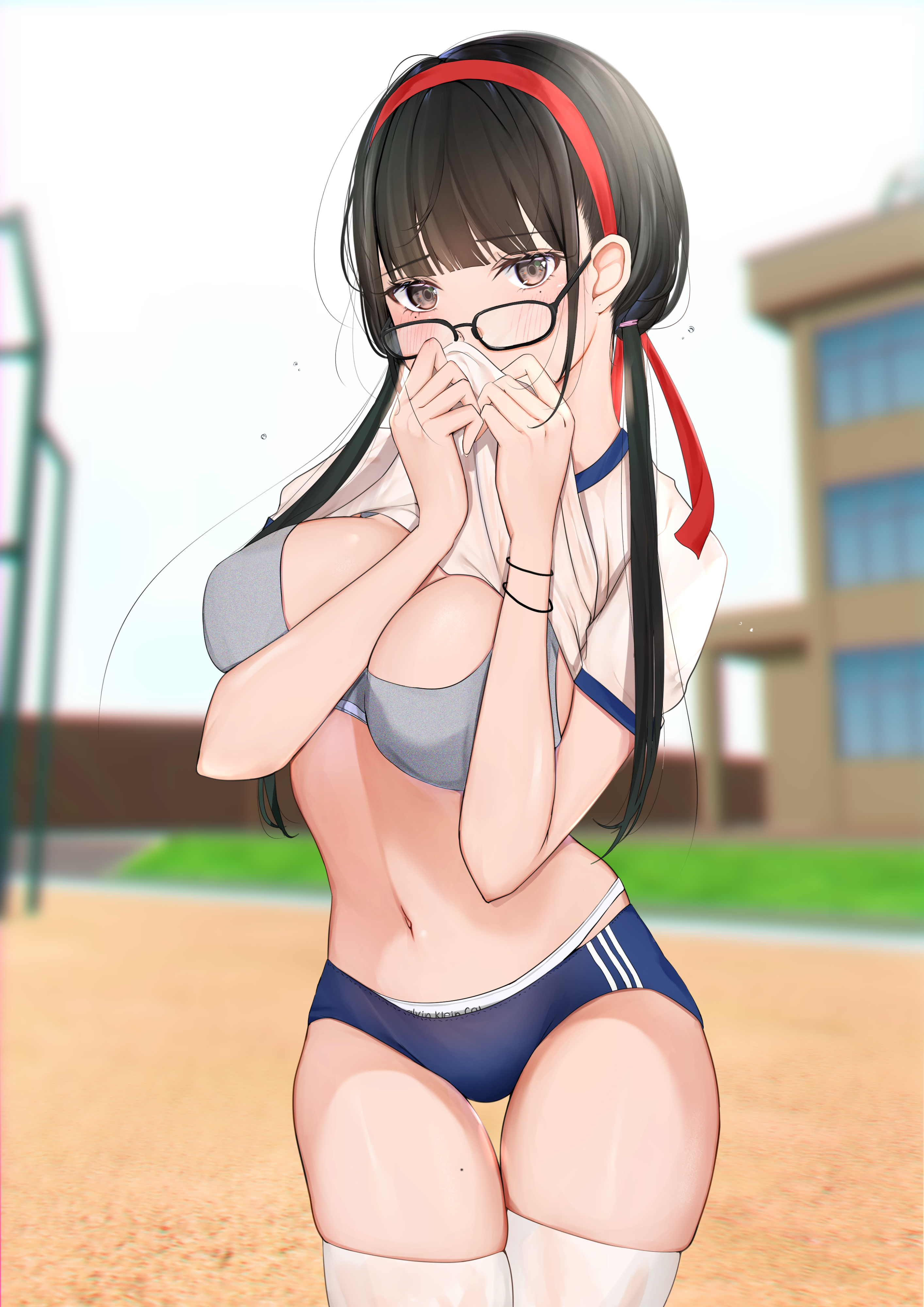 Anime 2828x4000 bloomers thigh-highs lifting shirt sports bra big boobs glasses dark hair dark eyes anime girls Uiri-na