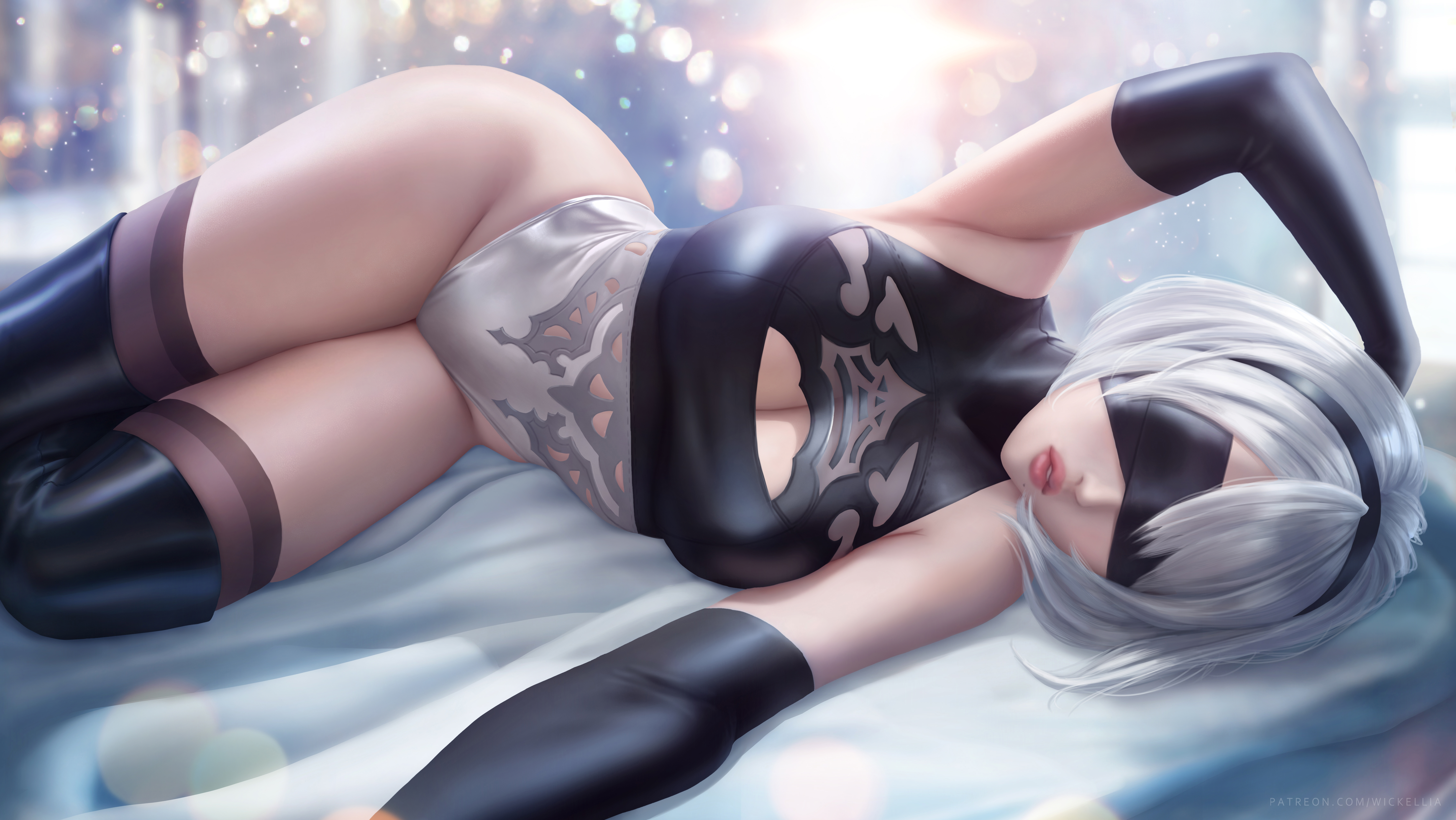 General 7100x4000 Nier: Automata 2B (Nier: Automata) Wickellia anime girls bodysuit cleavage cleavage cutout curvy lying on side elbow gloves stockings black stockings thigh high boots parted lips blindfold ArtStation