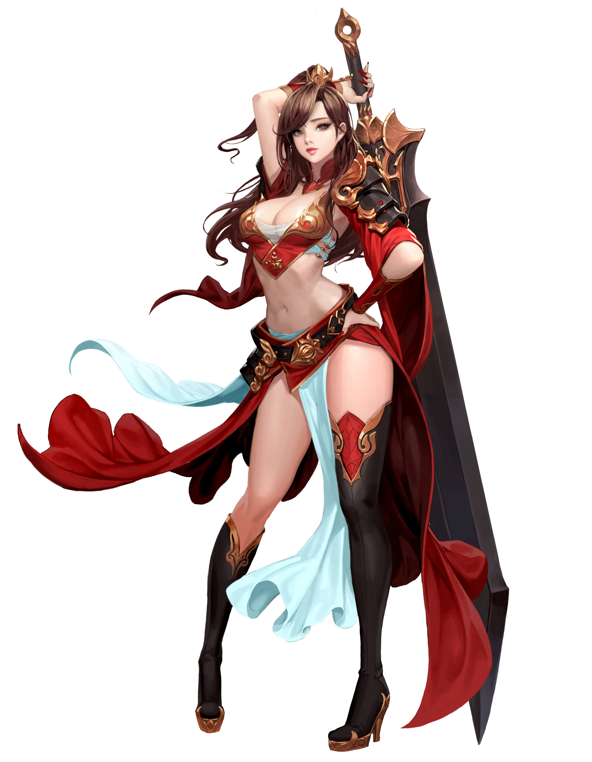 General 1920x2470 Daeho Cha drawing women brunette long hair cleavage red clothing looking at viewer weapon sword fantasy art white background