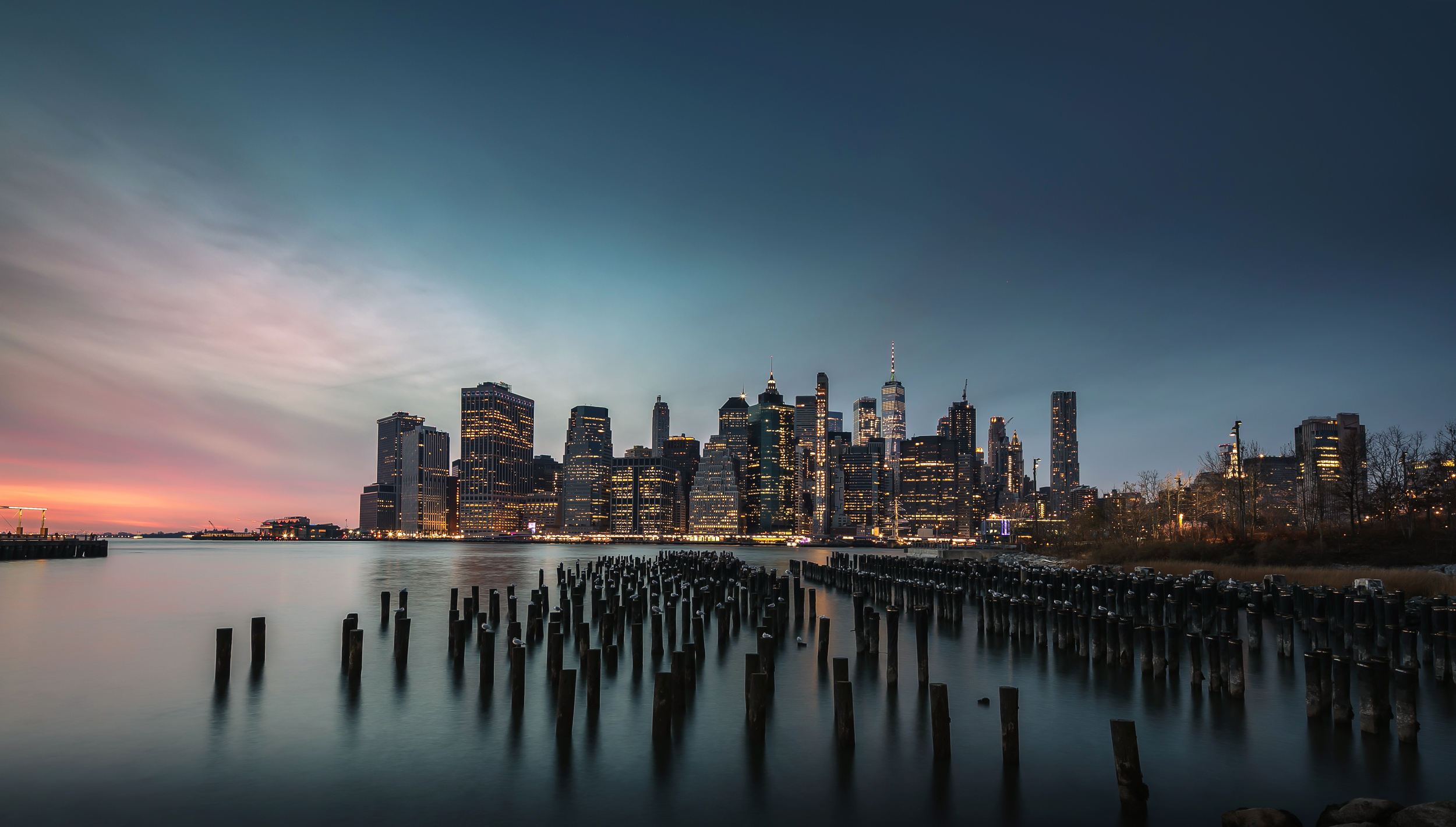 General 2500x1421 New York City sea water night lights city cityscape sky clear sky sunset building outdoors photography