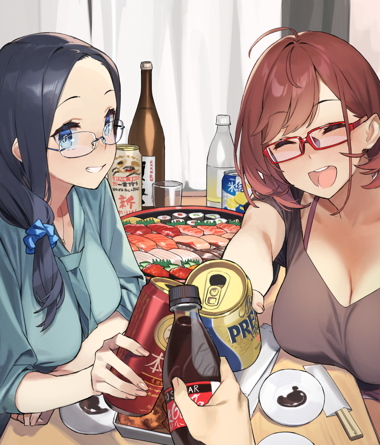 Anime 1283x1500 anime anime girls artwork miyabi92 dark hair brunette glasses smiling food POV