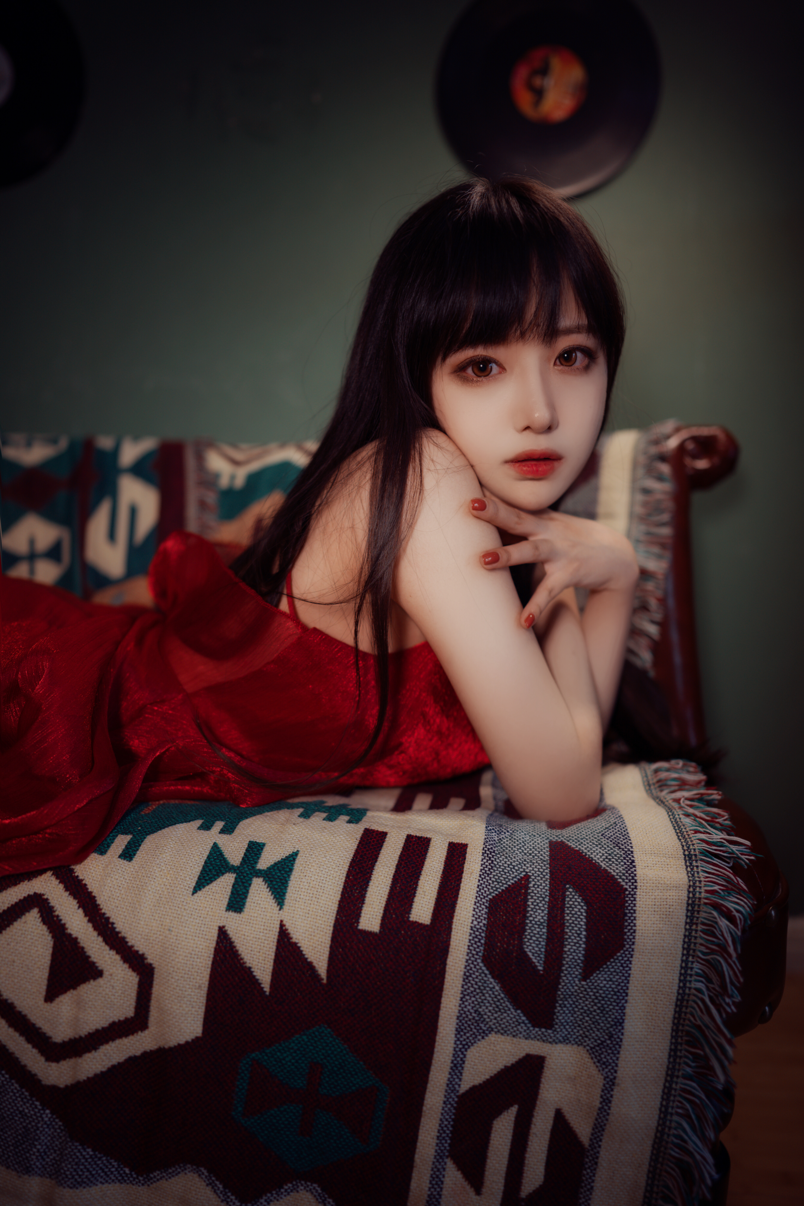 People 2690x4032 Asian dress women model women indoors red nails red dress red lipstick looking at viewer painted nails