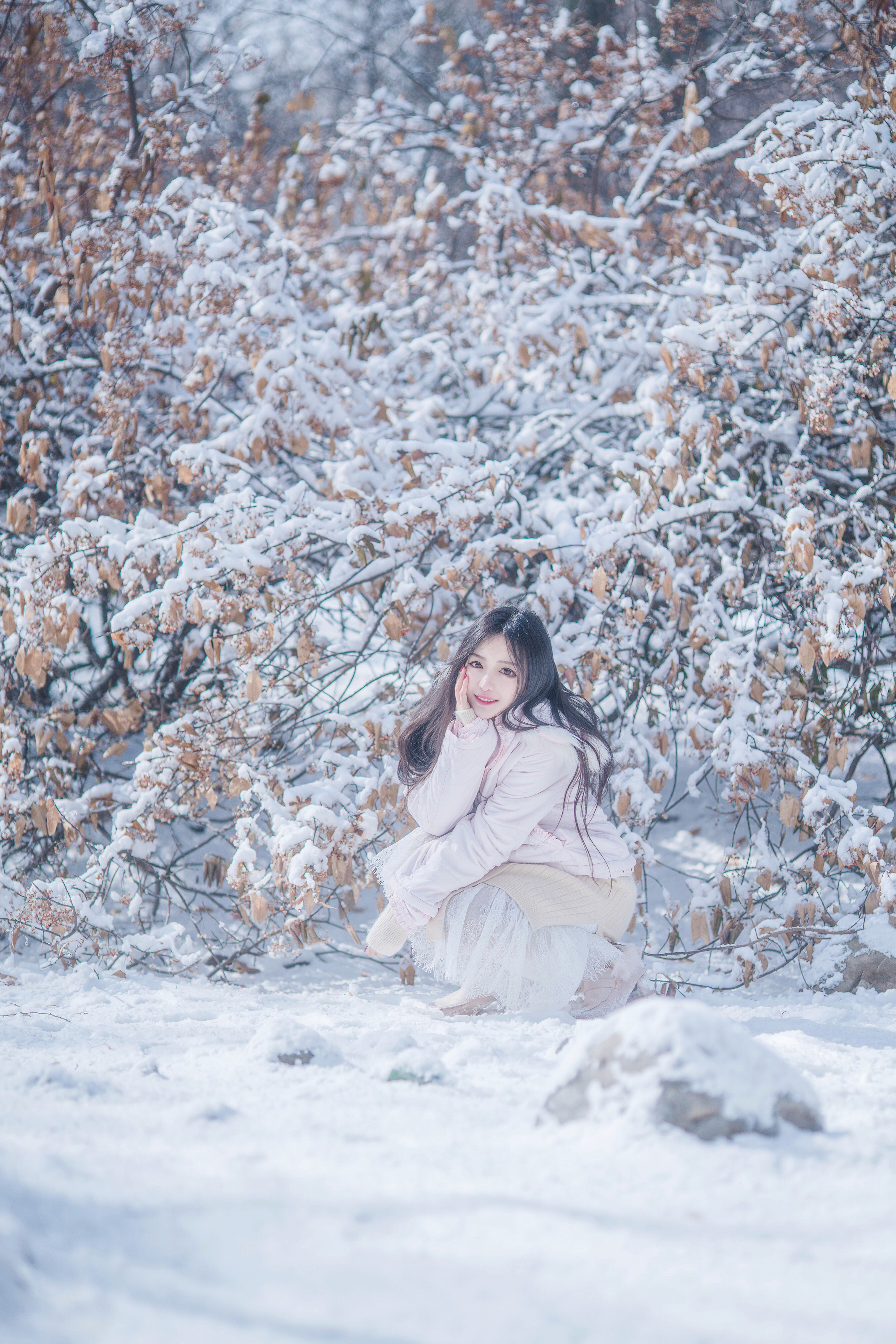 People 2689x4032 snow Asian women model cold outdoors women outdoors looking at viewer brunette long hair smiling red nails painted nails plants red lipstick