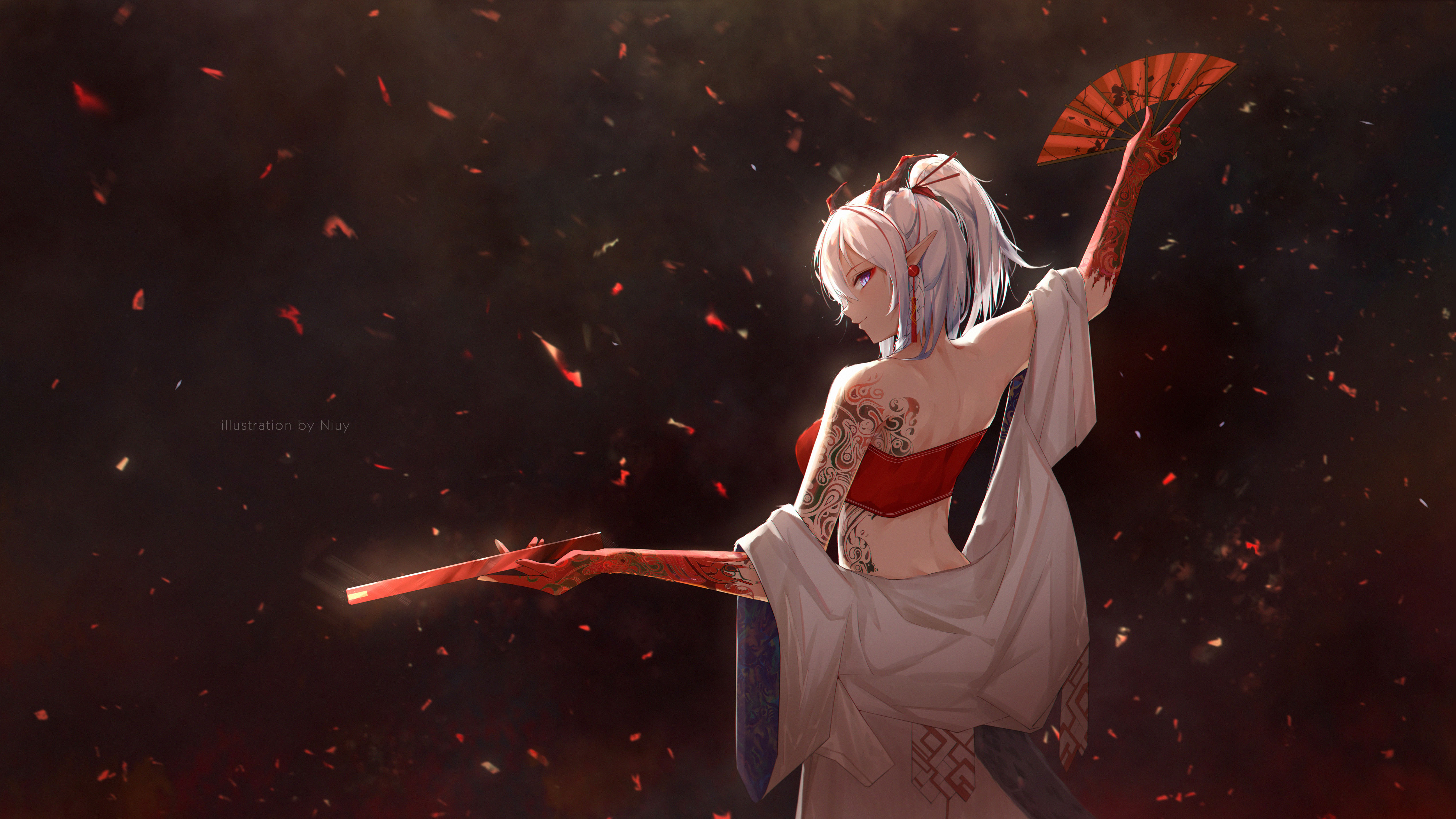 Anime 5076x2855 video games anime anime girls video game characters Nian (Arknights) Arknights silver hair blue eyes pointy ears horns dragon girl back tattoo bare shoulders ponytail earring chinese clothing hand fan chinese new year tube top Niuy