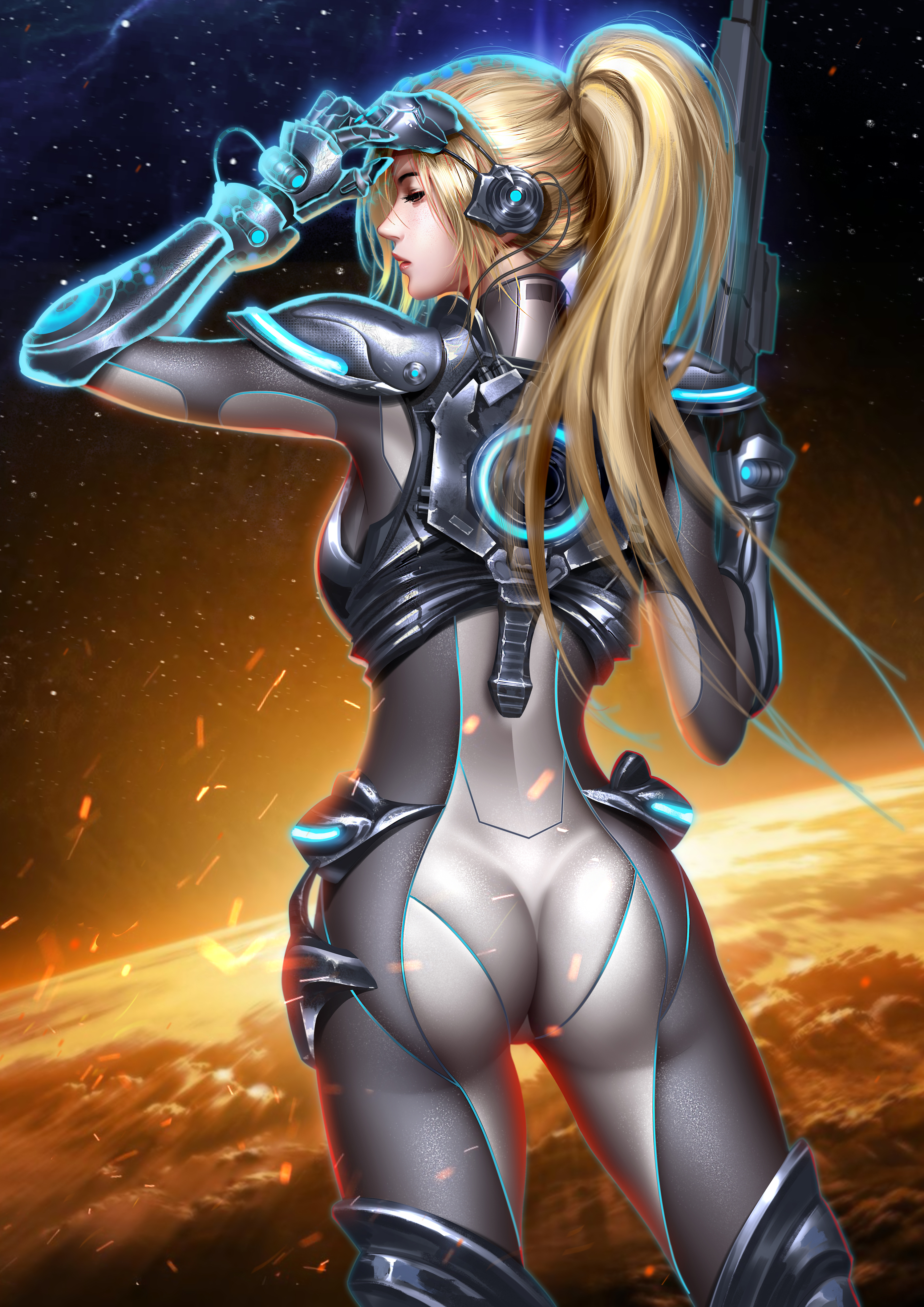 General 3000x4243 Nova (Starcraft) StarCraft video games video game girls blonde long hair ponytail profile armor behind spacesuit space stars sparks glowing weapon portrait display video game characters artwork drawing digital art illustration fan art Jason Liang ass tight clothing