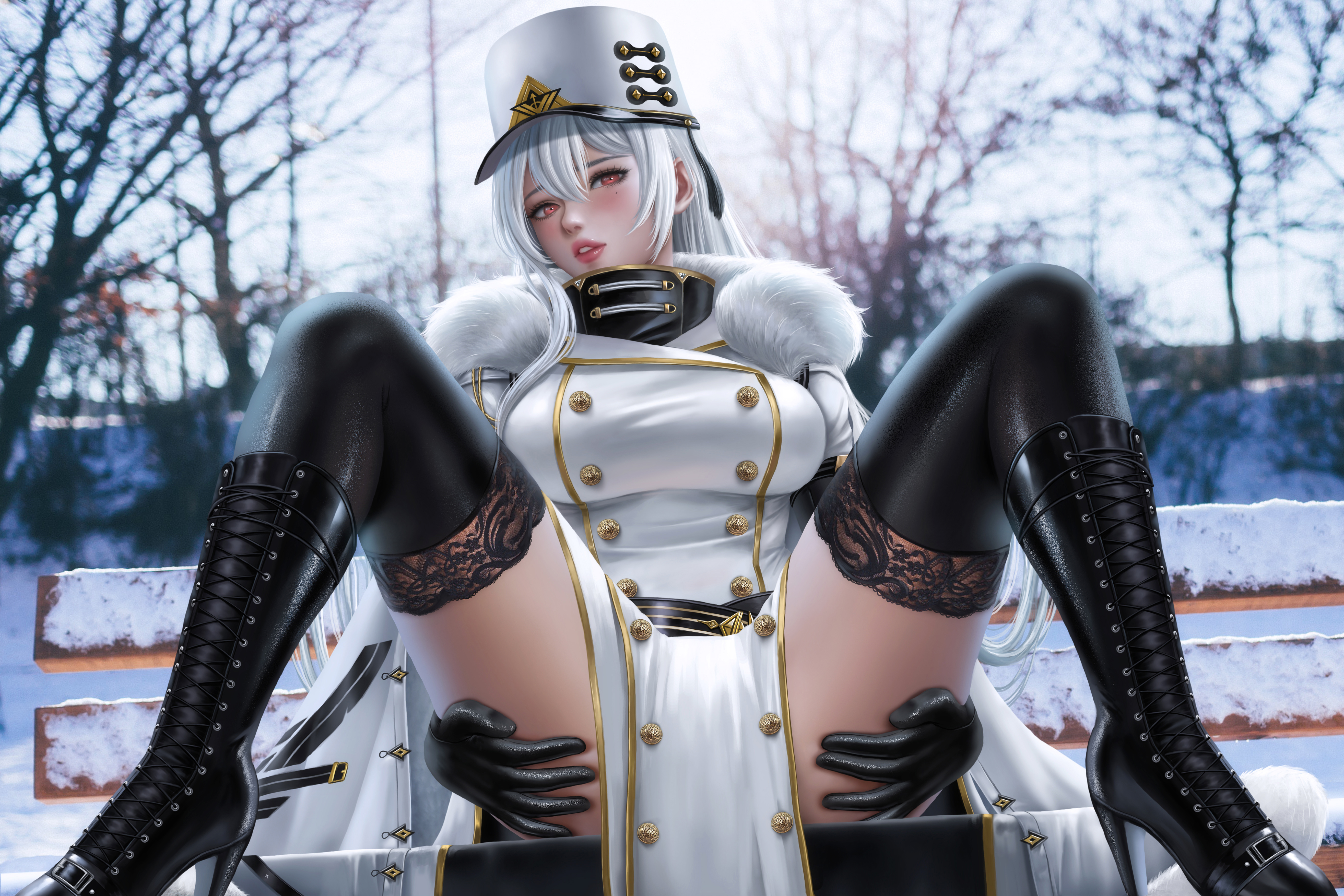 Anime 5262x3508 Sovetskaya Rossiya (Azur Lane) Azur Lane video games video game girls anime anime girls silver hair long hair bangs women with hats military uniform coats fur coats dress looking at viewer red eyes blushing parted lips spread legs sitting thick thigh lingerie stockings black stockings boots high heeled boots bench snow winter depth of field artwork drawing digital art illustration fan art Alexander Dinh gloves bright