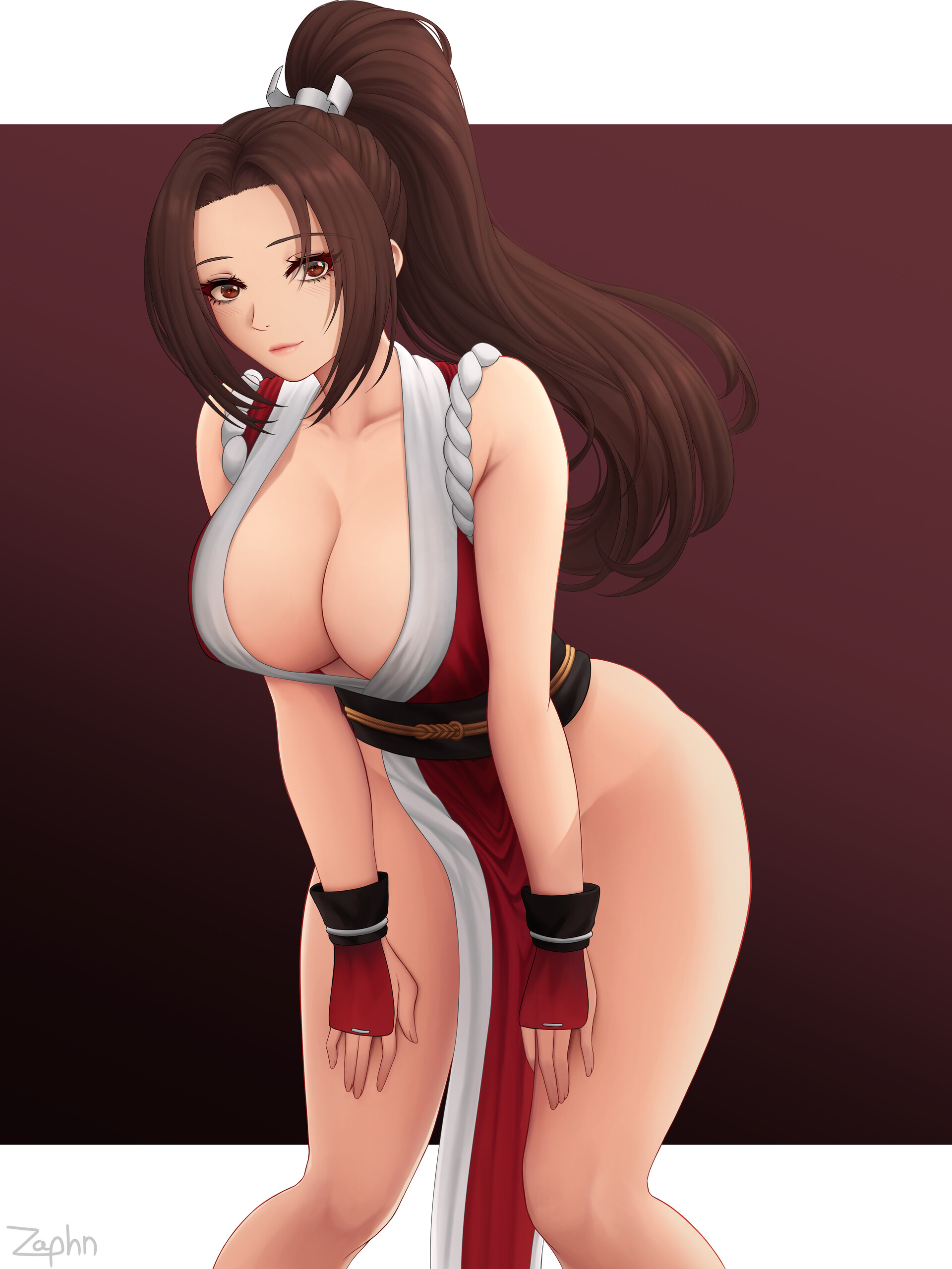 Anime 1920x2560 Mai Shiranui Zaphn big boobs cleavage nopan brunette ponytail brown eyes anime girls Fatal Fury King of Fighters