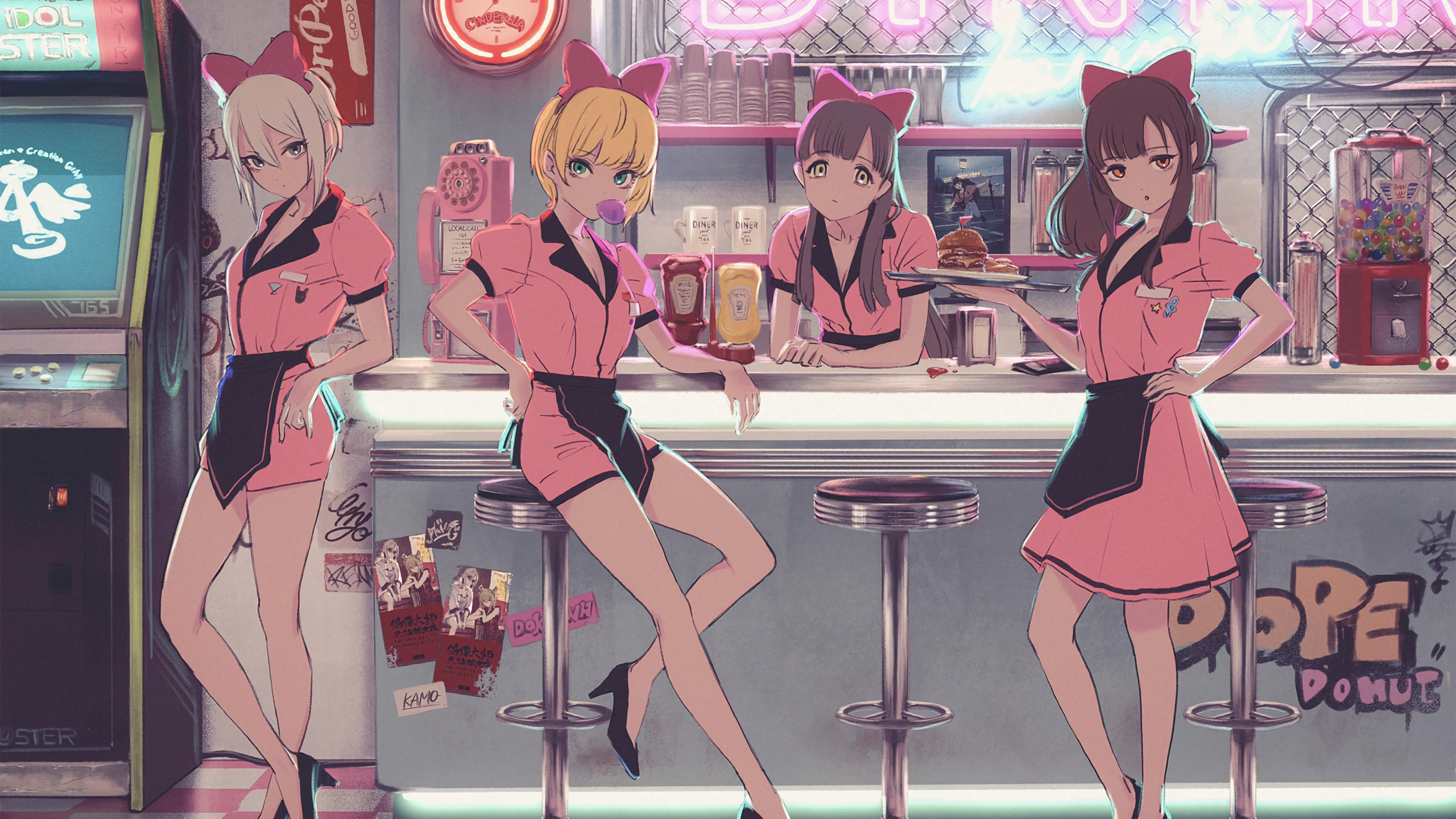 Anime 2560x1440 anime anime girls THE iDOLM@STER: Cinderella Girls thighs high heels apron hair bows burgers waitress women