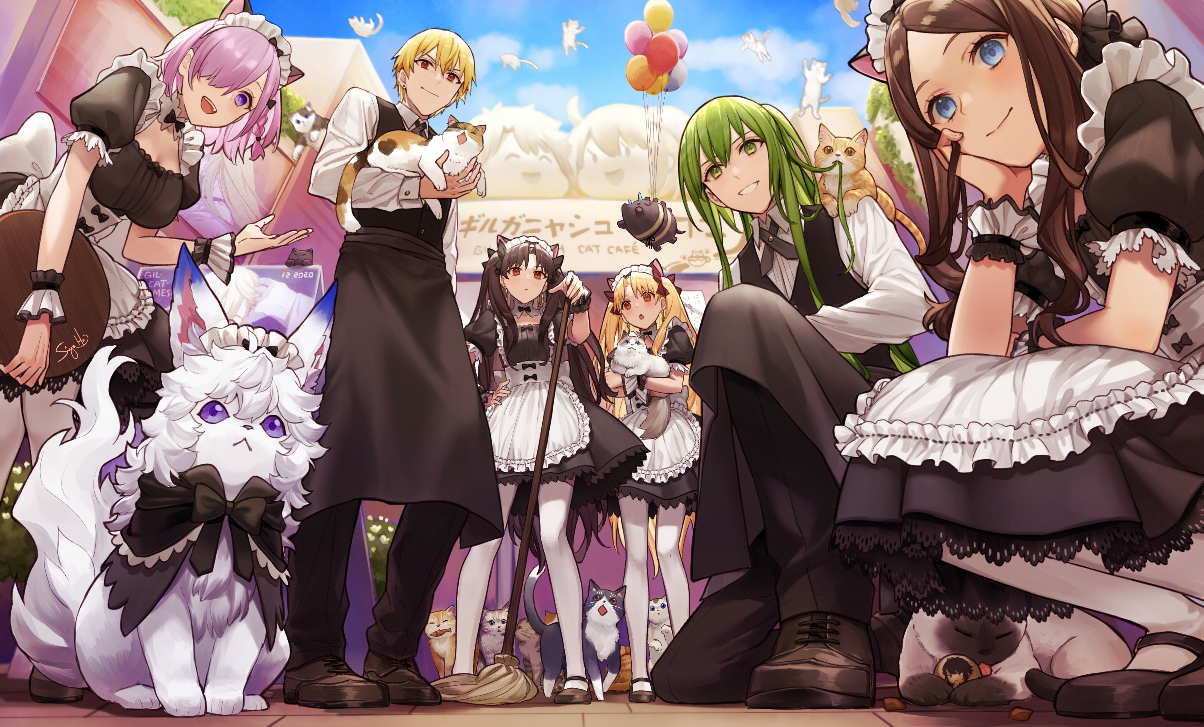 Anime 4109x2481 Fate series Fate/Grand Order Mash Kyrielight Leonardo Da Vinci (FGO) Ishtar (Fate/Grand Order) Ereshkigal (Fate/Grand Order) Enkidu (FGO) Gilgamesh Siya Ho maid outfit anime boys anime girls cats 2D anime Fou (Fate/Grand Order) ponytail white stockings thighs big boobs small boobs fake animal ears open mouth parted lips smiling low-angle looking at viewer long hair short hair women outdoors men outdoors alternate costume twintails fan art