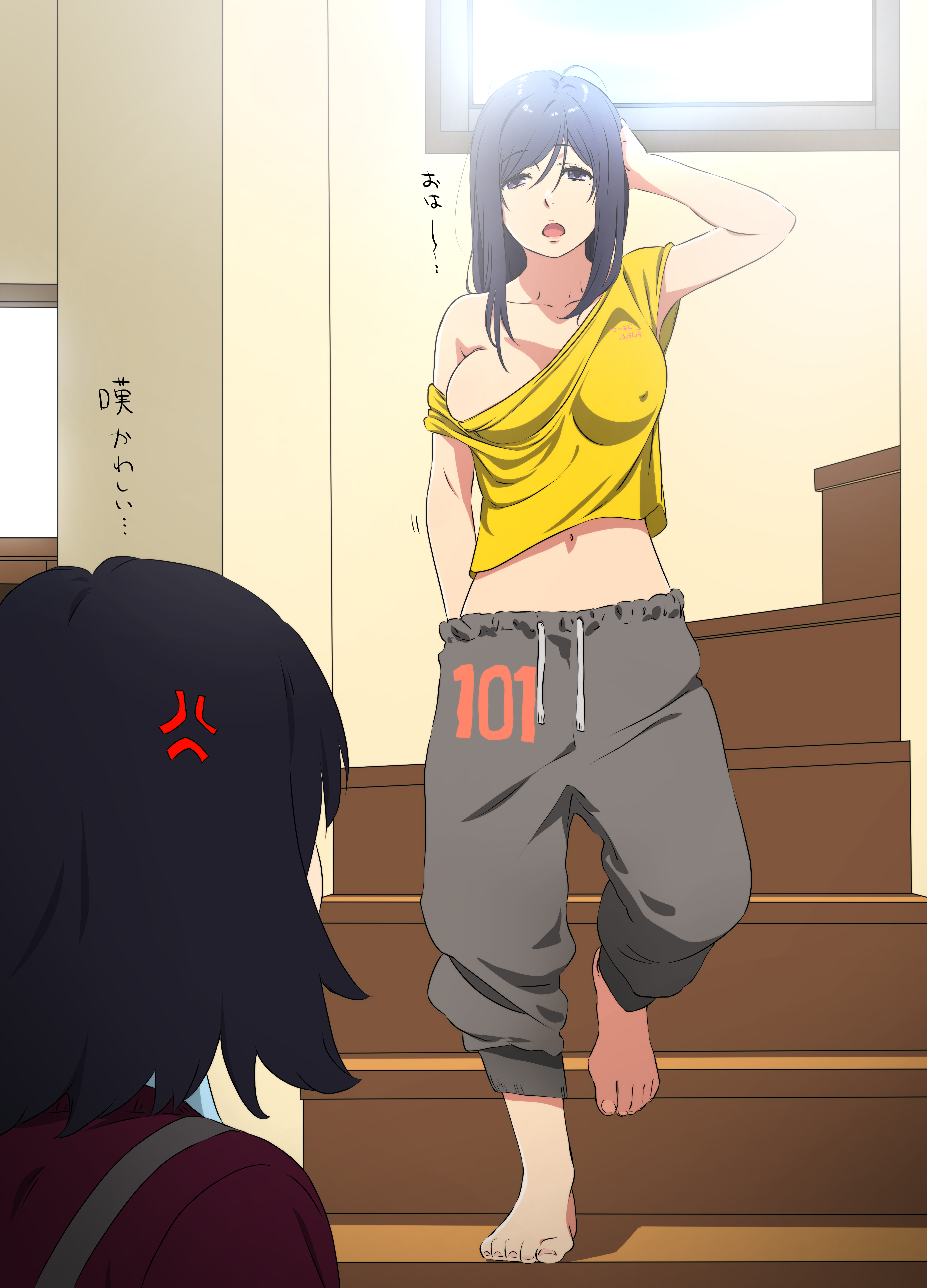 Anime 3600x5000 anime anime girls original characters Kakitama stairs portrait display barefoot pants T-shirt no bra