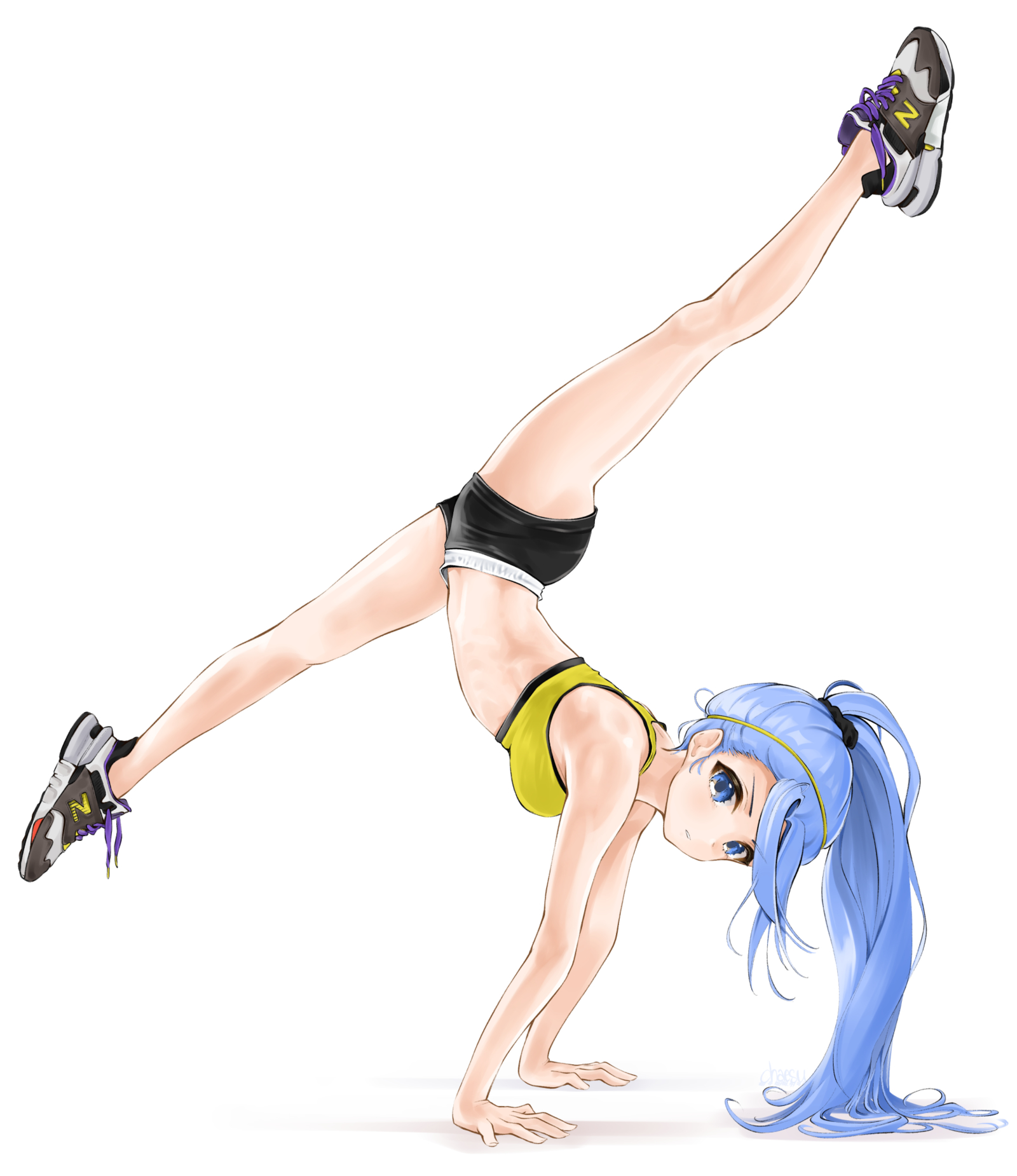 Anime 1600x1850 blue hair blue eyes anime girls anime sport shorts sneakers handstand splits Chaesu legs shoes