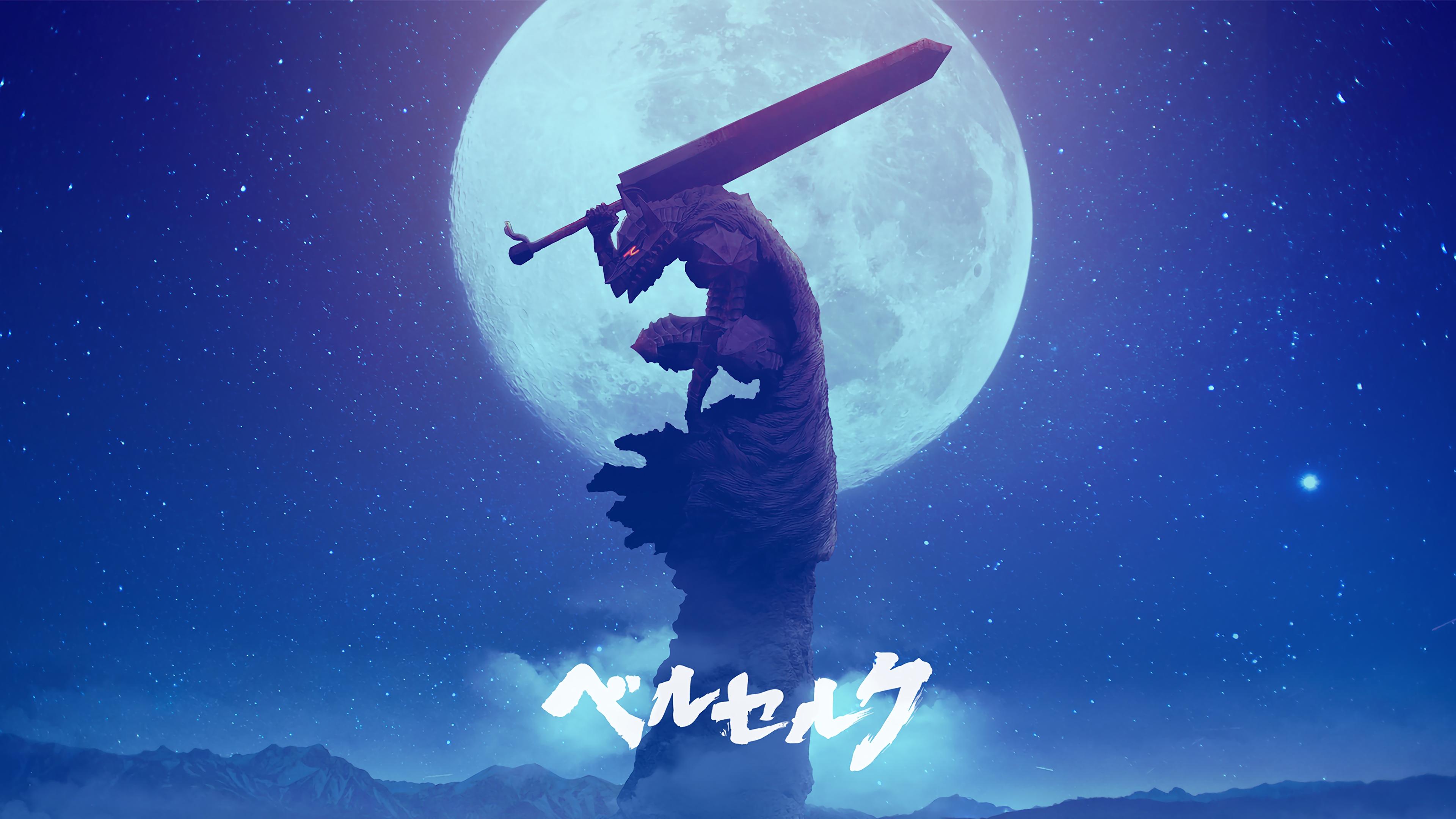 Anime 3840x2160 manga Berserk anime sword Moon starry night sky stars fantasy art Guts