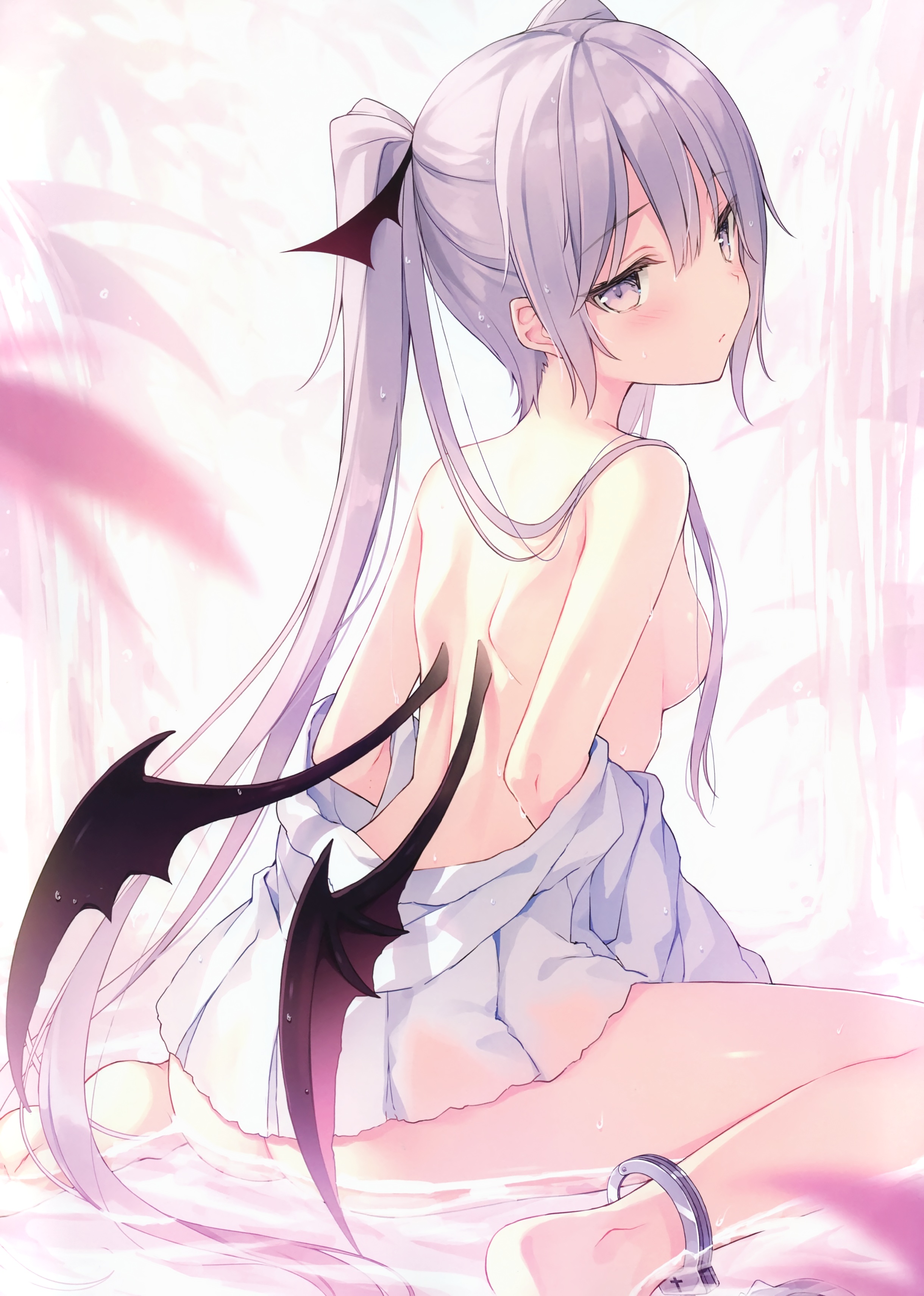 Anime 2440x3420 anime girls boobs sideboob artwork Rurudo open clothes kneeling purple hair long hair twintails blushing wings nude