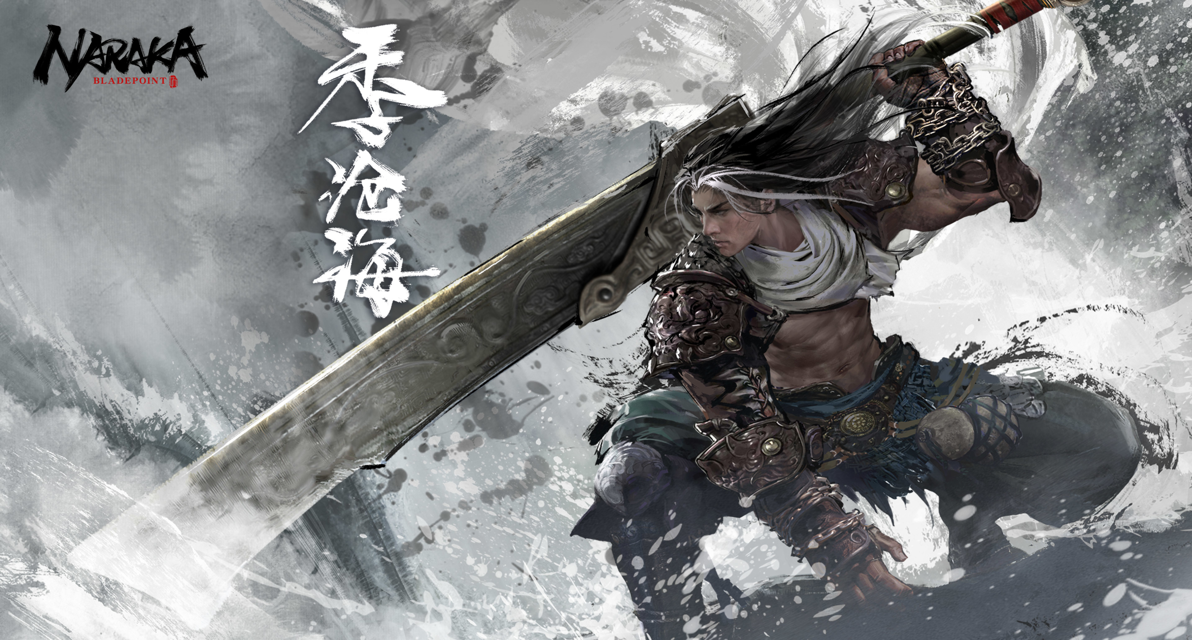 General 3840x2064 Naraka: Bladepoint video games warrior video game characters muscular video game men fantasy men dark hair long hair sword weapon Wuxia