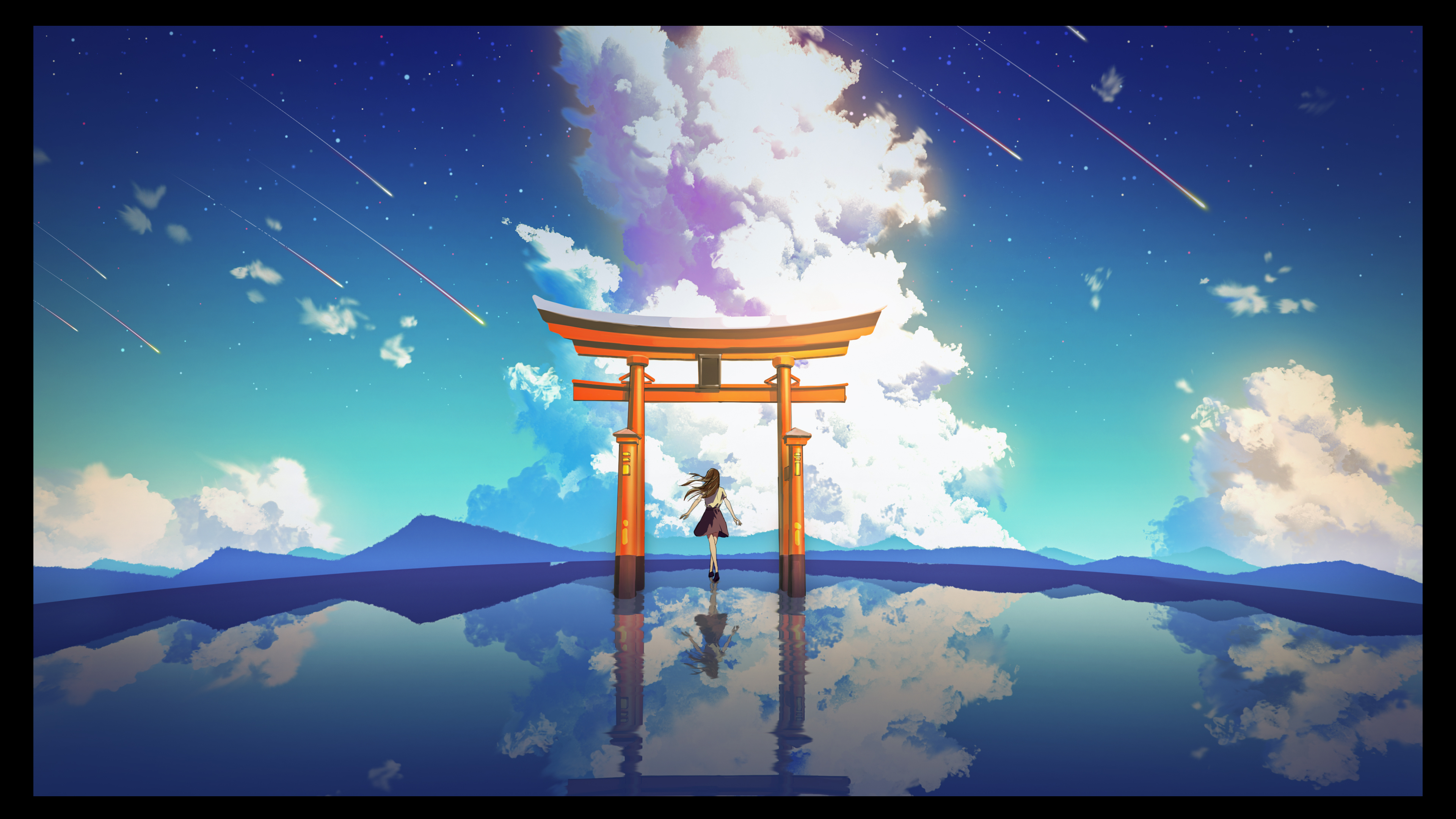 Anime 3840x2160 artwork digital art anime girls torii sky clouds reflection landscape