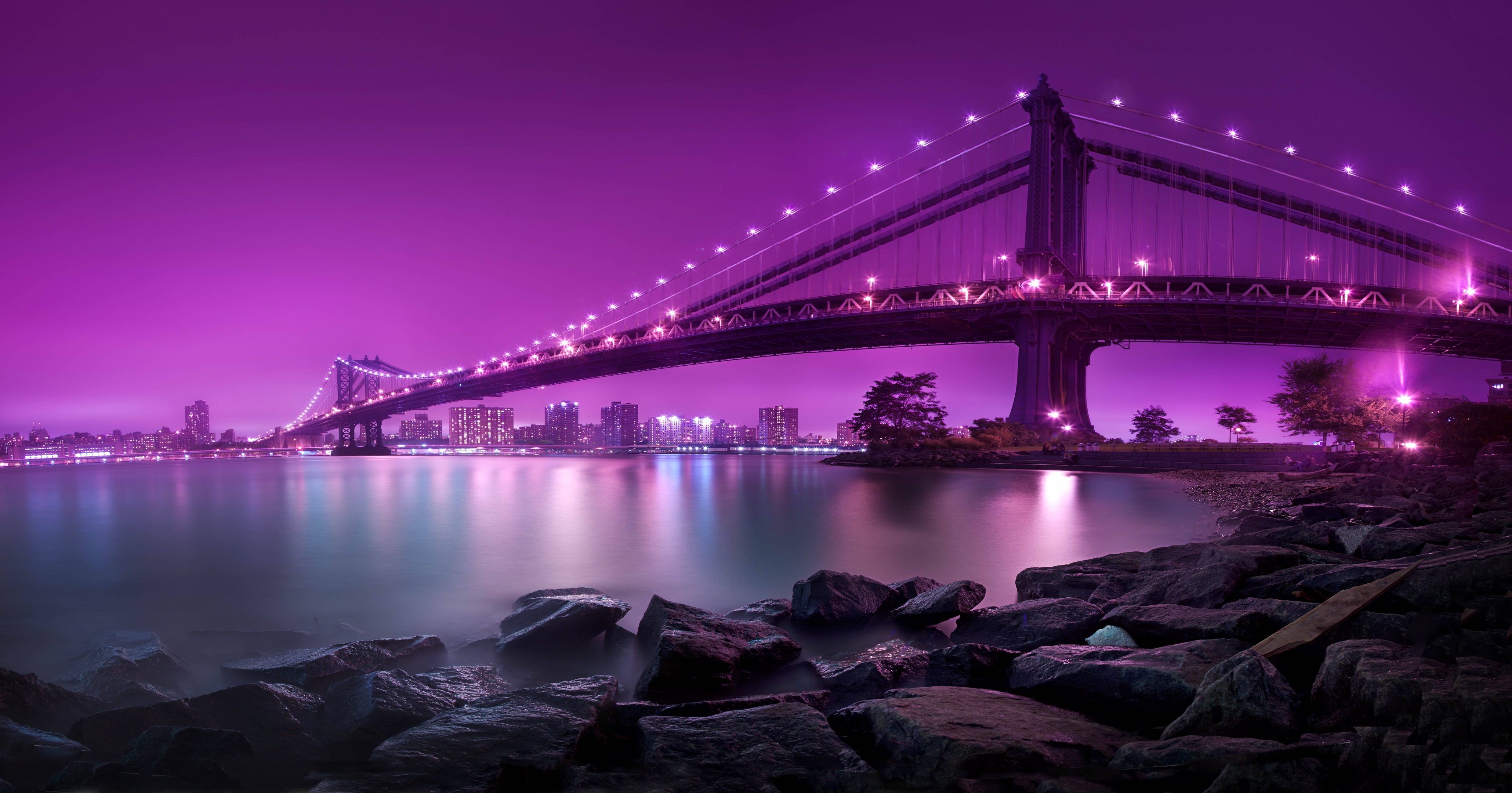 General 4119x2160 bridge sea rocks purple sky sky Manhattan Bridge USA New York City