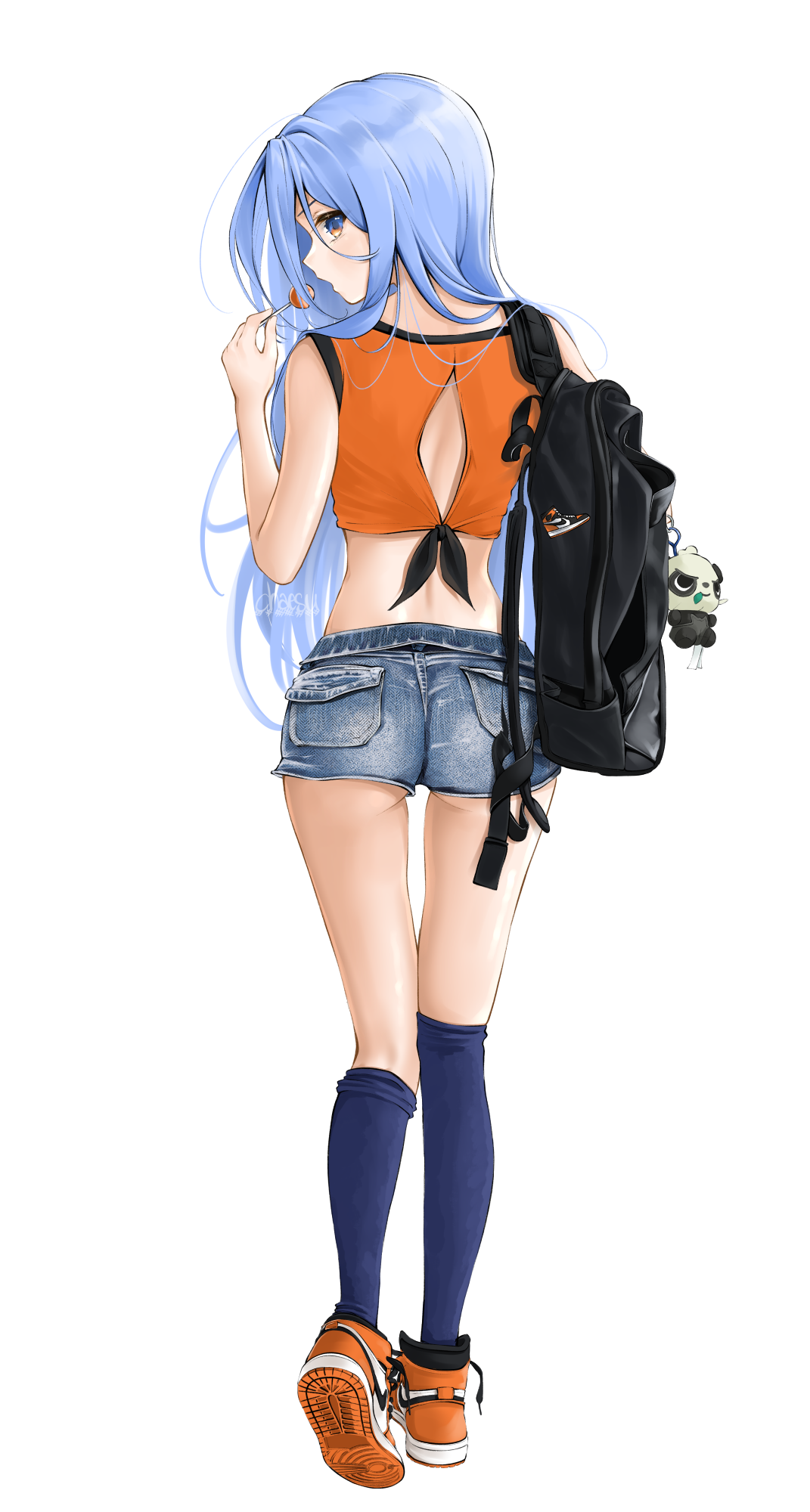 Anime 1071x2000 blue hair blue eyes anime girls anime short shorts backpacks socks knee high socks tied top back sneakers lollipop Chaesu jean shorts blue socks standing simple background white background shoes rear view portrait display long hair looking over shoulder crop top bare midriff open mouth