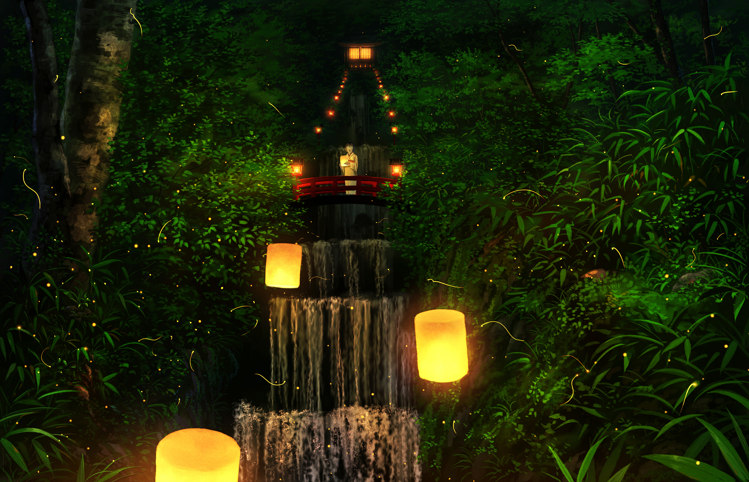 General 2400x1543 artwork digital art landscape forest waterfall lantern trees
