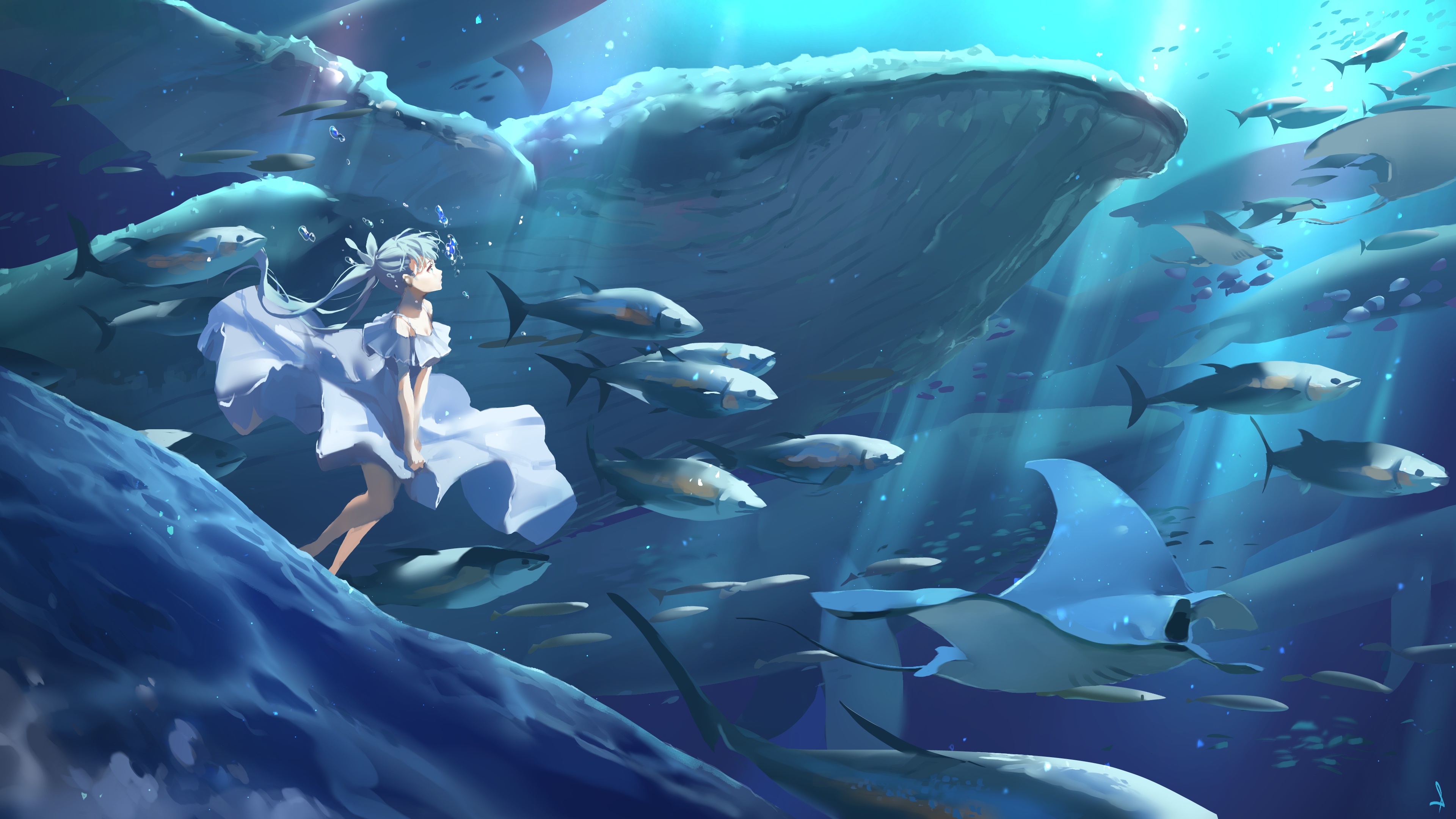 Anime 3840x2160 anime girls anime original characters sea fish underwater long hair blue hair whale dress