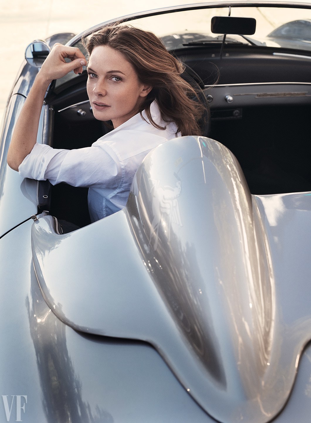 People 1061x1440 Rebecca Ferguson actress classic car cabriolet looking at viewer women white shirt