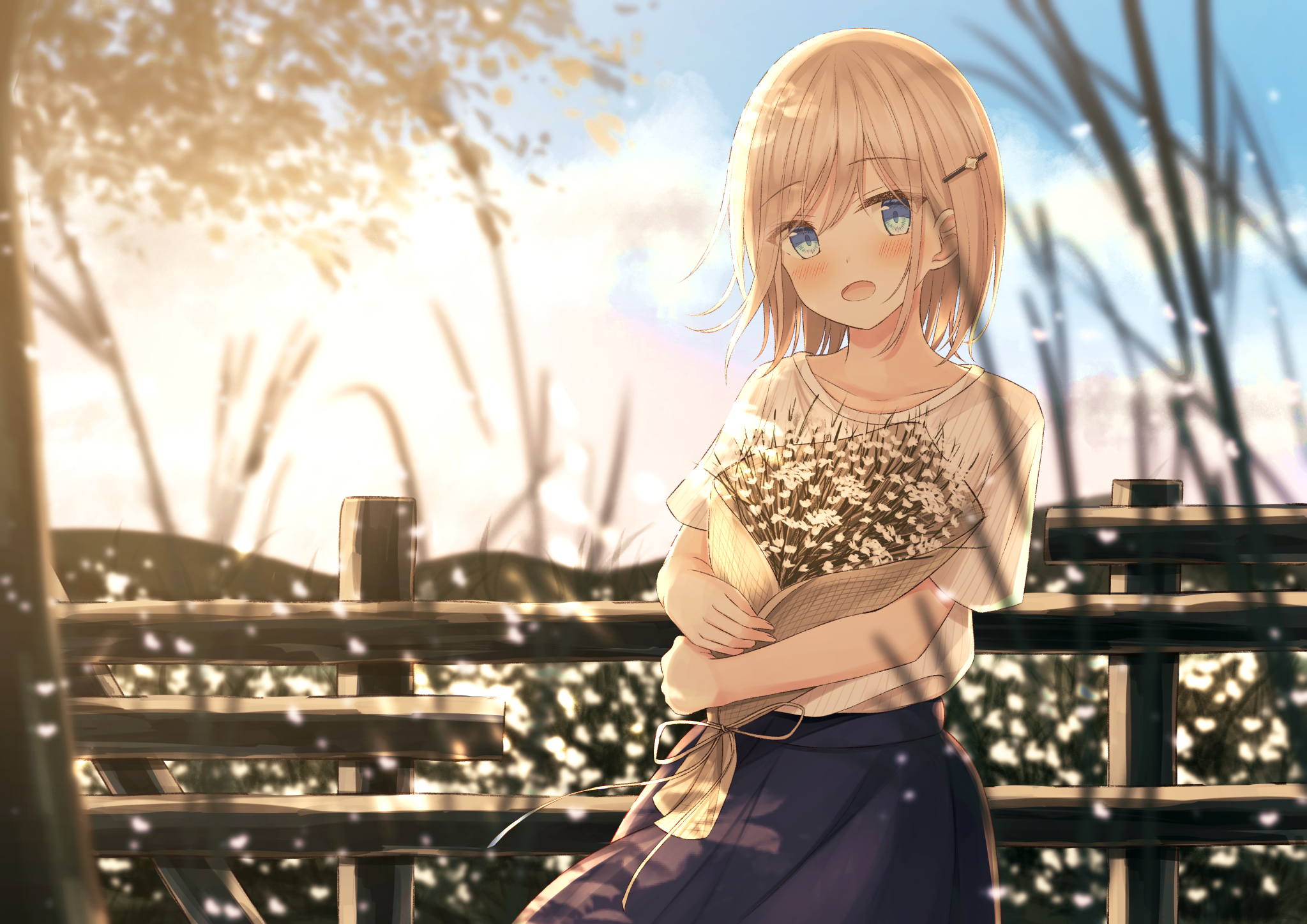 Anime 2047x1447 anime anime girls women outdoors flowers plants blue eyes open mouth blonde artwork Senri Sen