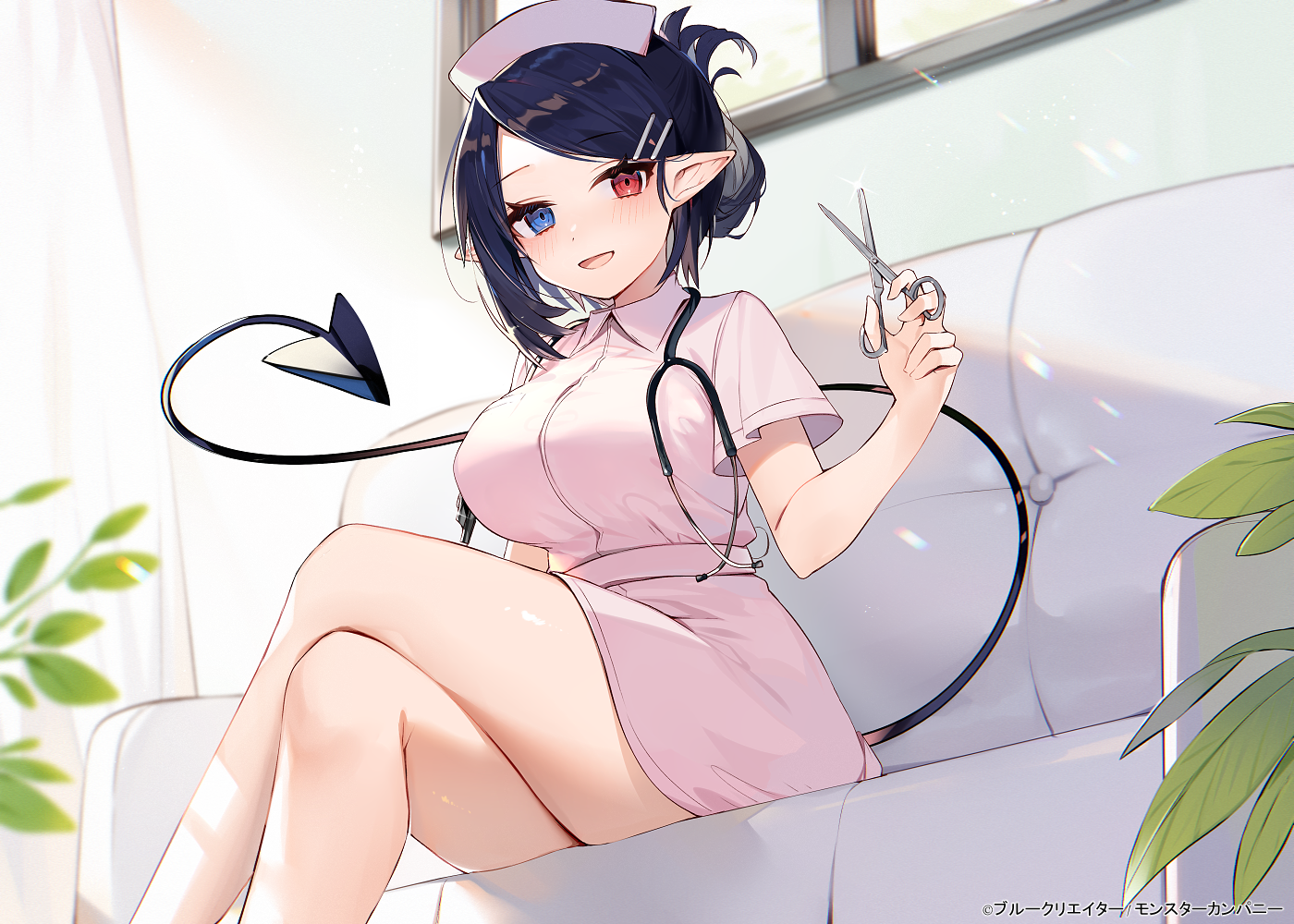 Anime 1400x1000 anime anime girls digital art artwork 2D portrait Muryotaro nurses nurse outfit pointy ears dark hair heterochromia tail