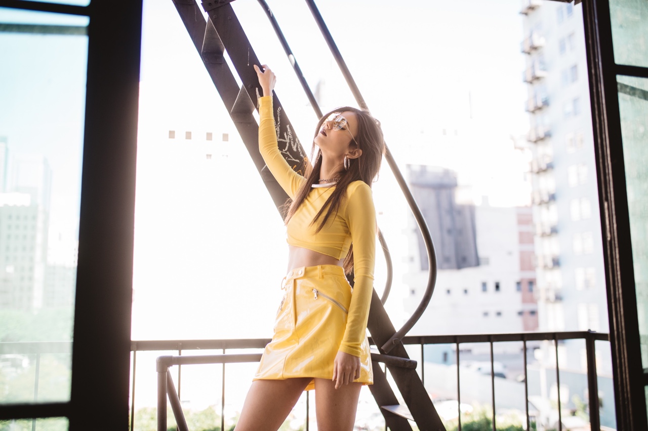 People 1280x853 Victoria Justice women actress singer brunette dark hair women with shades yellow clothing yellow skirt
