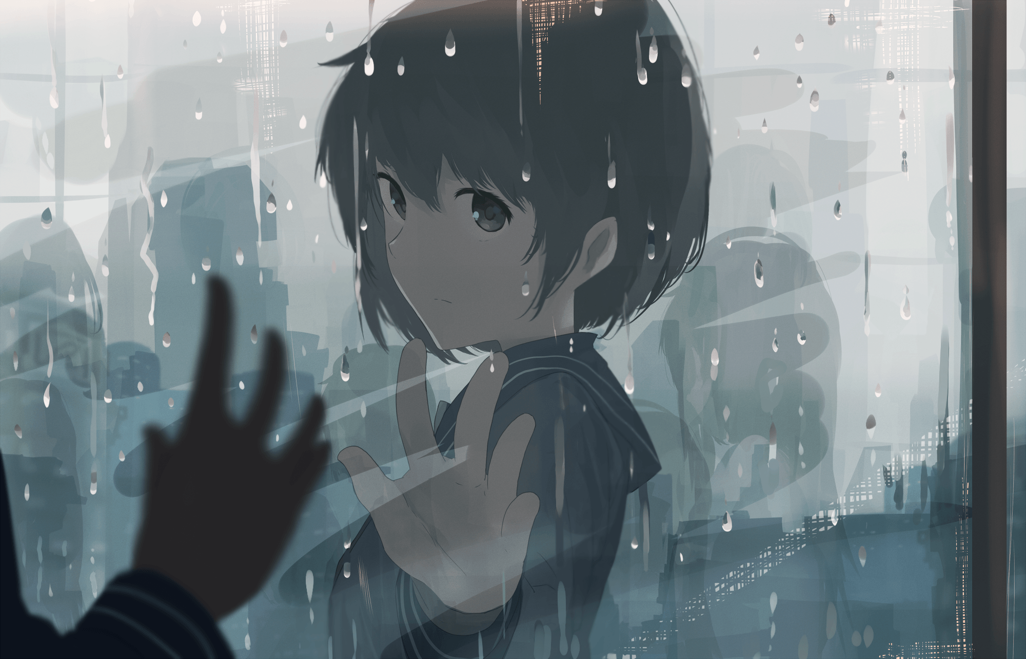 Anime 2000x1284 rain water on glass anime window reflection sad anime girls Mifuru