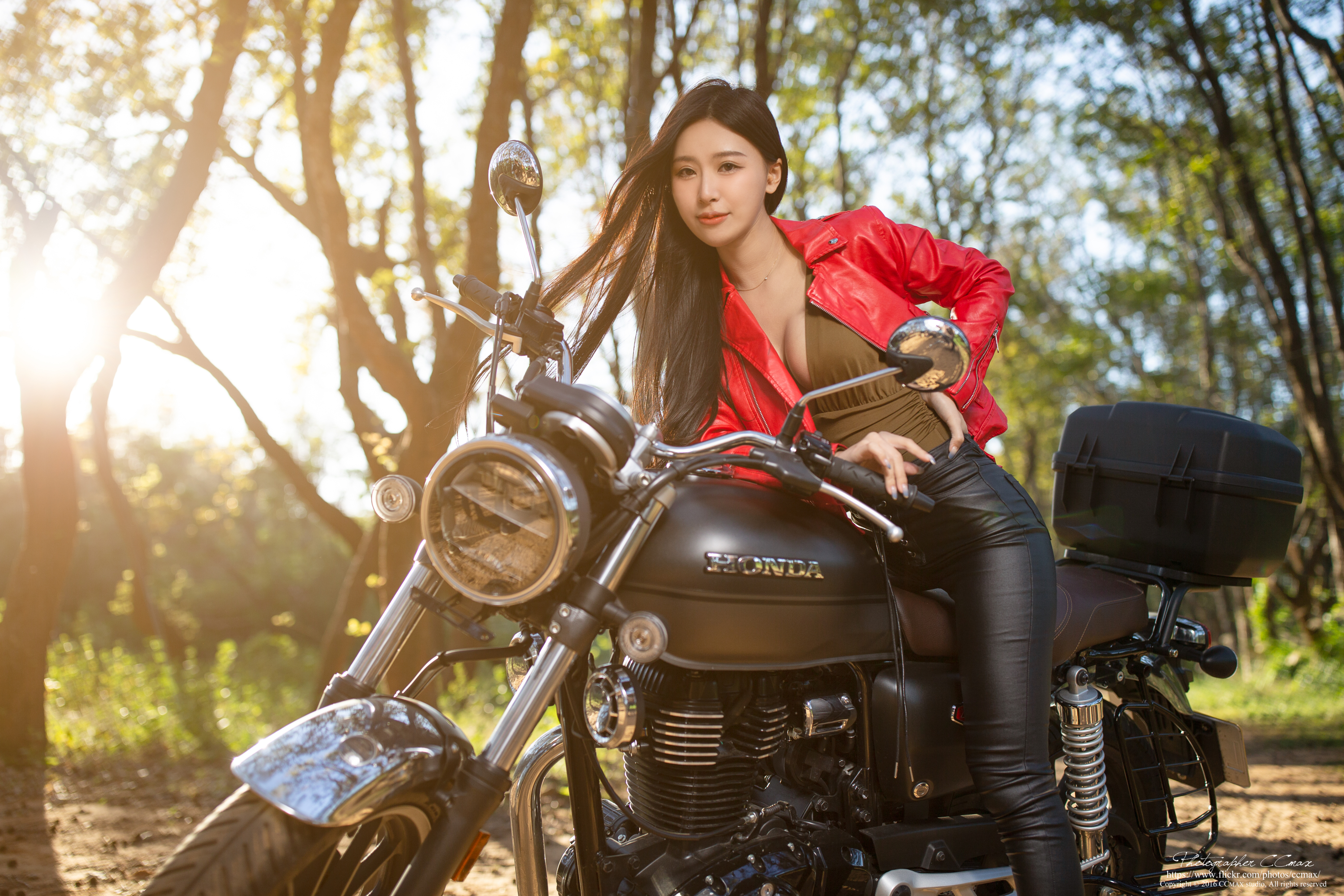 People 4096x2731 women model Asian brunette jacket leather jacket leather leggings motorcycle women with motorcycles Honda outdoors women outdoors cleavage Max Chang
