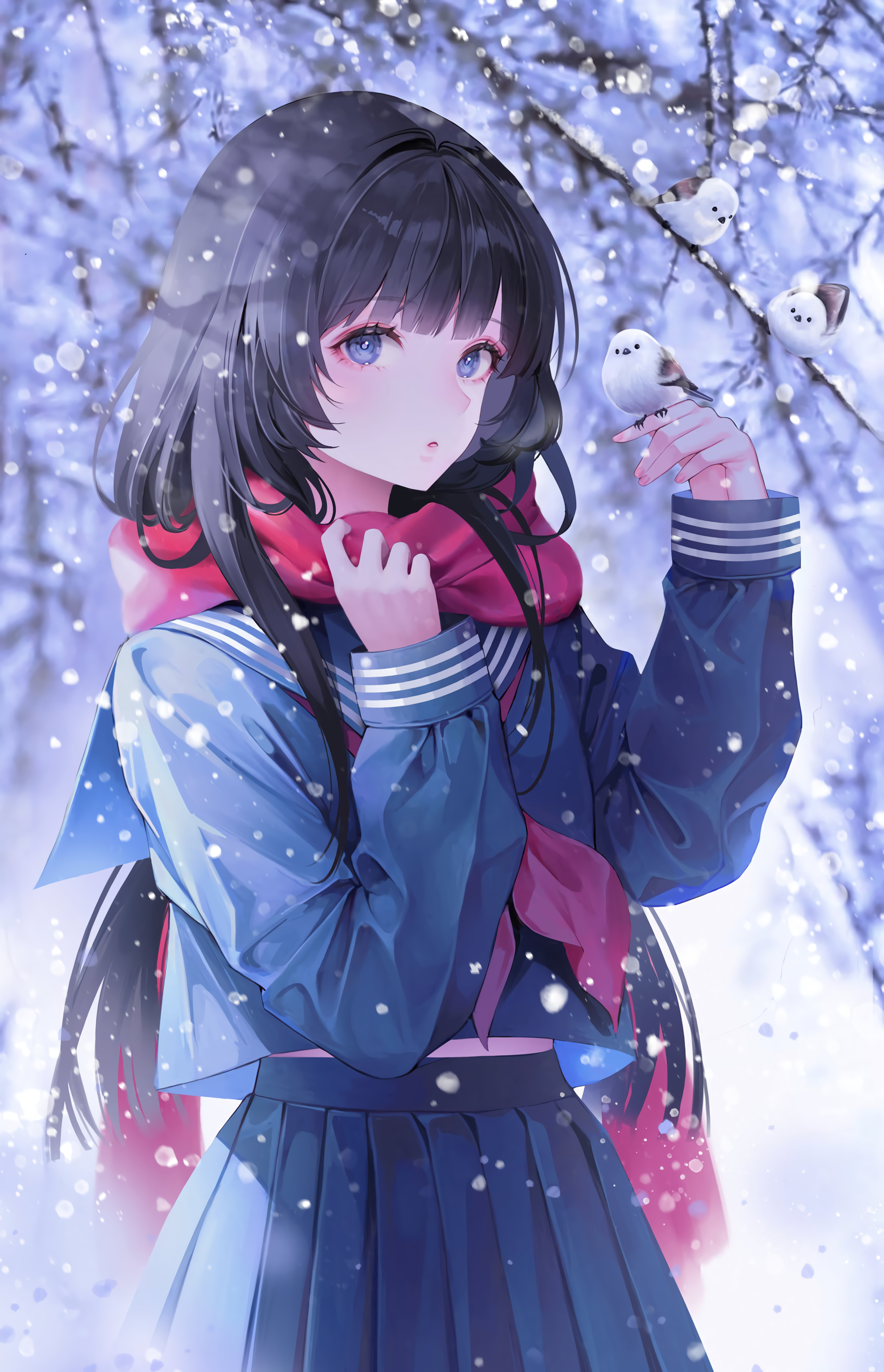Anime 1700x2638 anime girls schoolgirl school uniform snow winter scarf dark hair birds artwork Whois